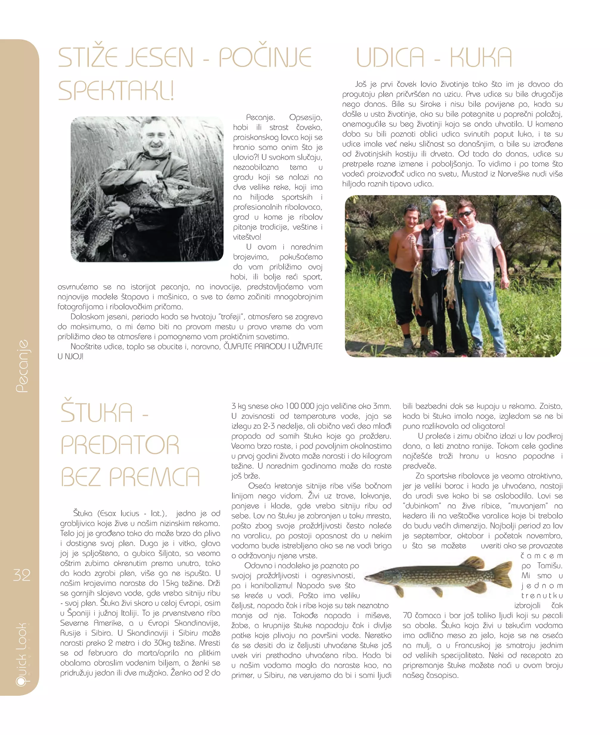 STI@E JESEN - PO^INJE
SPEKTAKL!
Pecanje. Opsesija,
hobi ili strast ~oveka,
praiskonskog lovca koji se
hranio samo onim {to je
ulovio?! U svakom slu~aju,
nezaobilazna tema u
gradu koji se nalazi na
dve velike reke, koji ima
na hiljade sportskih i
profesionalnih ribolovaca,
grad u kome je ribolov
pitanje tradicije, ve{tine i
vite{tva!
U ovom i narednim
brojevima, poku{a}emo
da vam pribli`imo ovaj
hobi, ili bolje re}i sport,
osvrnu}emo se na istorijat pecanja, na inovacije, predstavlja}emo vam
najnovije modele {tapova i ma{inica, a sve to }emo za~initi mnogobrojnim
fotografijama i ribolova~kim pri~ama.
Dolaskom jeseni, perioda kada se hvataju ”trofeji”, atmosfera se zagreva
do maksimuma, a mi }emo biti na pravom mestu u pravo vreme da vam
pribli`imo deo te atmosfere i pomognemo vam prakti~nim savetima.
Nao{trite udice, toplo se obucite i, naravno, ^UVAJTE PRIRODU I U@IVAJTE
U NJOJ!
[TUKA -
PREDATOR
BEZ PREMCA
[tuka (Esox lucius - lat.), jedna je od
grabljivica koje `ive u na{im nizinskim rekama.
Telo joj je gra|eno tako da mo`e brzo da pliva
i dostigne svoj plen. Duga je i vitka, glava
joj je spljo{tena, a gubica {iljata, sa veoma
o{trim zubima okrenutim prema unutra, tako
da kada zgrabi plen, vi{e ga ne ispu{ta. U
na{im krajevima naraste do 15kg te`ine. Dr`i
se gornjih slojeva vode, gde vreba sitniju ribu
- svoj plen. [tuka `ivi skoro u celoj Evropi, osim
u [paniji i ju`noj Italiji. To je prvenstveno riba
Severne Amerike, a u Evropi Skandinavije,
Rusije i Sibira. U Skandinaviji i Sibiru mo`e
narasti preko 2 metra i do 30kg te`ine. Mresti
se od februara do marta/aprila na plitkim
obalama obraslim vodenim biljem, a `enki se
pridru`uju jedan ili dve mu`jaka. @enka od 2 do
3 kg snese oko 100 000 jaja veli~ine oko 3mm.
U zavisnosti od temperature vode, jaja se
izlegu za 2-3 nedelje, ali obi~no ve}i deo mla|i
propada od samih {tuka koje ga pro`deru.
Veoma brzo raste, i pod povoljnim okolnostima
u prvoj godini `ivota mo`e narasti i do kilogram
te`ine. U narednim godinama mo`e da raste
jo{ br`e.
Ose}a kretanje sitnije ribe vi{e bo~nom
linijom nego vidom. @ivi uz trave, lokvanje,
panjeve i klade, gde vreba sitniju ribu od
sebe. Lov na {tuku je zabranjen u toku mresta,
po{to zbog svoje pro`drljivosti ~esto nale}e
na varalicu, pa postoji opasnost da u nekim
vodama bude istrebljena ako se ne vodi briga
o odr`avanju njene vrste.
Odavno i nadaleko je poznata po
svojoj pro`drljivosti i agresivnosti,
pa i kanibalizmu! Napada sve {to
se kre}e u vodi. Po{to ima veliku
~eljust, napada ~ak i ribe koje su tek neznatno
manje od nje. Tako|e napada i mi{eve,
`abe, a krupnije {tuke napadaju ~ak i divlje
patke koje plivaju na povr{ini vode. Neretko
}e se desiti da iz ~eljusti uhva}ene {tuke jo{
uvek viri prethodno uhva}ena riba. Kada bi
u na{im vodama mogla da naraste kao, na
primer, u Sibiru, ne verujemo da bi i sami ljudi
bili bezbedni dok se kupaju u rekama. Zaista,
kada bi {tuka imala noge, izgledom se ne bi
puno razlikovala od aligatora!
U prole}e i zimu obi~no izlazi u lov podkraj
dana, a leti znatno ranije. Tokom cele godine
naj~e{}e tra`i hranu u kasno popodne i
predve~e.
Za sportske ribolovce je veoma atraktivna,
jer je veliki borac i kada je uhva}ena, nastoji
da uradi sve kako bi se oslobodila. Lovi se
”dubinkom” na `ive ribice, ”muvanjem” na
kedera ili na ve{ta~ke varalice koje bi trebalo
da budu ve}ih dimenzija. Najbolji period za lov
je septembar, oktobar i po~etak novembra,
u {ta se mo`ete uveriti ako se provozate
~ a m c e m
po Tami{u.
Mi smo u
j e d n o m
t r e n u t k u
izbrojali ~ak
70 ~amaca i bar jo{ toliko ljudi koji su pecali
sa obale. [tuka koja `ivi u teku}im vodama
ima odli~no meso za jelo, koje se ne ose}a
na mulj, a u Francuskoj je smatraju jednim
od velikih specijaliteta. Neki od recepata za
pripremanje {tuke mo`ete na}i u ovom broju
na{eg ~asopisa.
Pecanje
32
UDICA - KUKA
Jo{ je prvi ~ovek lovio `ivotinje tako {to im je davao da
progutaju plen pri~vr{}en na uzicu. Prve udice su bile druga~ije
nego danas. Bile su {iroke i nisu bile povijene pa, kada su
do{le u usta `ivotinje, ako su bile potegnite u popre~ni polo`aj,
onemogu}ile su beg `ivotinji koja se onda uhvatila. U kameno
doba su bili poznati oblici udica svinutih poput luka, i te su
udice imale ve} neku sli~nost sa dana{njim, a bile su izra|ene
od `ivotinjskih kostiju ili drveta. Od tada do danas, udice su
pretrpele razne izmene i pobolj{anja. To vidimo i po tome {to
vode}i proizvo|a~ udica na svetu, Mustad iz Norve{ke nudi vi{e
hiljada raznih tipova udica.
 