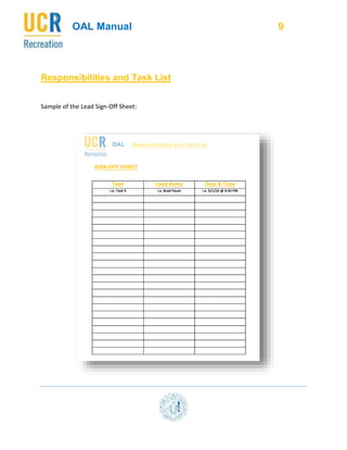 OAL Manual 9
Responsibilities and Task List
Sample of the Lead Sign-Off Sheet:
 