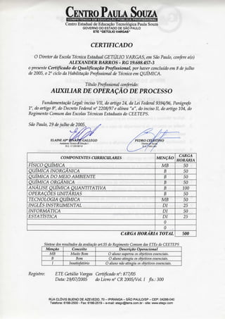 Certificado AUXILIAR DE OPERAÇÃO DE PROCESSO ETEGV - DEZ.2005