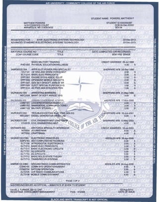 AIR FORCE COURSE NO
CCAF COURSE CODE
TITLE
TITLE
DATE COMPLETED (OR RECORDED)
SEM HRS GRADE
BASIC MILITARY TRAINING
PHYSICAL EDUCATIONIWELLNESS
APPR ELCT POWER PRO SPECIALIST
CE ORG1ND WOR FORCE MGT
BASIC d-t"c TS
ENGINIis~S ~_S _ C EQUIP
OPS/MAINT MOBILE GEN SETS
GEN SET OP/ACFT ARREST BR _.........__ ~~ _
ELECT SPECIAL PURPOSE SYS
AC PWR GEN SYS/OPER PRIN
'CREDit ~WARDED 26-Jul-1995
4.00 S
ARRES,IN~I !l1-.~~t~RS 1
MAINT O'F'!A~'ITfA~RES ISYS
5ALS99400 002 AIRMAN Lt:ADERSHIP SGHOOL
LMM1101 lEADERSHIP/""ANAGEMENT I
bMM1~102
~MM1~D3
~,...
3AZR3E072 002
MEC2501
3ACR3E070 000
CIV2519
:,,,"5IN110057Q:000 ~
INT5000
INT7000
3AQR2E13301BA ELECTRONIC PRINCIPLES
9P . ADV COtY1Bl1Jl~ NEWDR~ING
~~i10 ~N:s~g~~6~~~~~NICS
ELT1211 BASIC ELECTRONIC CIRCUITS
ELTH01 AC CIRCUITS
DC CIR.CUITS
BASIC S0L1D,ST ..AiPETHEORY
TRANStRECVR SY$TEM$ ,
'I~'"""IIU '1Ir;',1 11, i~Ii ,"'1111,Ii """ ~II"'"
GROUND RADIO COMM APPRENTICE
COMM SYS OPERA TIONS/MAINT
SATCOM OPERATION
UHF RADIO COMMUNICATIONS
MOBILE130MM~5YS ~AINT
, CRE(illl1-AWAR()~D' 12-Jul-2002
8.00 S
4.00 S
 
