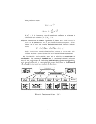 dove potremmo avere
f(dij) = e−
dij
λ
f(dij) = (1 −
d2
ij
2σ2
)e−
d2
ij
2σ2
Se w0
ij  0, la funzione a cappello messicano trasforma in inibitorie le
connessioni nell'intorno
√
2σ  |dij|  2σ.
reti con connessioni di ordine superiore al primo Sono le reti formate da
unità ΣΠ. L'ordine della rete, n, è il numero massimo di ingressi a molti-
plicare che un'unità può ricevere. La descrizione usa le n matrici general-
izzate
W1 = [w1
ij], W2 = [w2
ijk], Wn = [wn
ij1...jn
]
dove il primo indice indica l'unità ricevente, mentre gli altri n indici indi-
viduano le unità il prodotto delle cui uscite eccita l'unità in questione.
Le architetture a strati (lineari, 2D o 3D) si dividono in monostrato e
pluristrato. Le connessioni intra-strato (o connessioni laterali) collegano
unità di uno stesso strato, le connessioni inter-strato collegano unità apparte-
nenti a strati dierenti. Le connessioni interstrato si dividono in feedforward
e feedback (o ricorrenti) a seconda della direzione.
Figure 1: Tassonomia di Jain (1997).
3
 