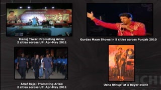 HEADLINE TALENT
Performances are chosen as per
the theme and the take home
message of the event, ensuring
audience relevance
© http://www.thenichegroup.in
Manoj Tiwari Promoting Arize:
2 cities across UP. Apr-May 2011
Gurdas Maan Shows in 5 cities across Punjab 2010
Altaf Raja- Promoting Arize:
2 cities across UP. Apr-May 2011
Usha Uthup- at a Bayer event
 
