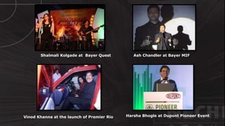 © http://www.thenichegroup.in
Vinod Khanna at the launch of Premier Rio
Shalmali Kolgade at Bayer Quest Ash Chandler at Bayer MIF
Harsha Bhogle at Dupont Pioneer Event
 