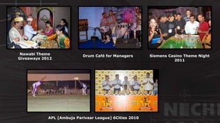 © http://www.thenichegroup.in
Siemens Casino Theme Night
2011
Nawabi Theme
Giveaways 2012
Drum Café for Managers
APL [Ambuja Parivaar League] 6Cities 2010
 