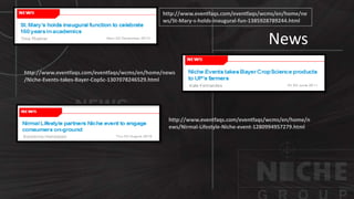 © http://www.thenichegroup.in
News
http://www.eventfaqs.com/eventfaqs/wcms/en/home/ne
ws/St-Mary-s-holds-inaugural-fun-1385928789244.html
http://www.eventfaqs.com/eventfaqs/wcms/en/home/news
/Niche-Events-takes-Bayer-CopSc-1307078246529.html
http://www.eventfaqs.com/eventfaqs/wcms/en/home/n
ews/Nirmal-Lifestyle-Niche-event-1280994957279.html
 