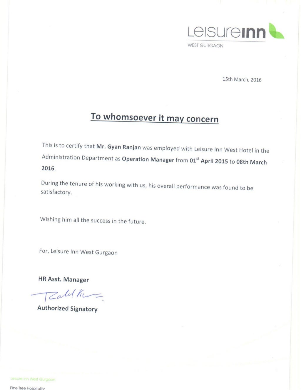 Leisure Inn Hotel Experience certificate