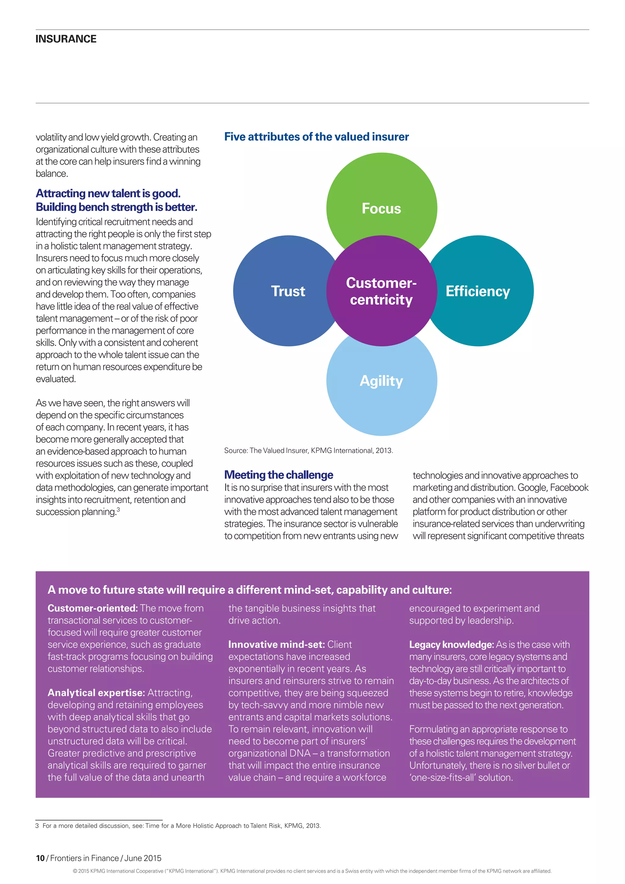 10 / Frontiers in Finance / June 2015
volatilityandlowyieldgrowth.Creatingan
organizationalculturewiththeseattributes
atthecorecanhelpinsurersfindawinning
balance.
Attractingnewtalentisgood.
Buildingbenchstrengthisbetter.
Identifyingcriticalrecruitmentneedsand
attractingtherightpeopleisonlythefirststep
inaholistictalentmanagementstrategy.
Insurersneedtofocusmuchmoreclosely
onarticulatingkeyskillsfortheiroperations,
andonreviewingthewaytheymanage
anddevelopthem.Toooften,companies
havelittleideaoftherealvalueofeffective
talentmanagement –oroftheriskofpoor
performanceinthemanagementofcore
skills.Onlywithaconsistentandcoherent
approachtothewholetalentissuecanthe
returnonhumanresourcesexpenditurebe
evaluated.
Aswehaveseen,therightanswerswill
dependonthespecificcircumstances
ofeachcompany.Inrecentyears,ithas
becomemoregenerallyacceptedthat
anevidence-basedapproachtohuman
resourcesissuessuchasthese,coupled
withexploitationofnewtechnologyand
datamethodologies,cangenerateimportant
insightsintorecruitment,retentionand
successionplanning.3
3	 For a more detailed discussion, see: Time for a More Holistic Approach to Talent Risk, KPMG, 2013.
A move to future state will require a different mind-set, capability and culture:
Customer-oriented: The move from
transactional services to customer-
focused will require greater customer
service experience, such as graduate
fast-track programs focusing on building
customer relationships.
Analytical expertise: Attracting,
developing and retaining employees
with deep analytical skills that go
beyond structured data to also include
unstructured data will be critical.
Greater predictive and prescriptive
analytical skills are required to garner
the full value of the data and unearth
the tangible business insights that
drive action.
Innovative mind-set: Client
expectations have increased
exponentially in recent years. As
insurers and reinsurers strive to remain
competitive, they are being squeezed
by tech-savvy and more nimble new
entrants and capital markets solutions.
To remain relevant, innovation will
need to become part of insurers’
organizational DNA – a transformation
that will impact the entire insurance
value chain – and require a workforce
encouraged to experiment and
supported by leadership.
Legacyknowledge:Asisthecasewith
manyinsurers,corelegacysystemsand
technologyarestillcriticallyimportantto
day-to-daybusiness.Asthearchitectsof
thesesystemsbegintoretire,knowledge
mustbepassedtothenextgeneration.
Formulating an appropriate response to
thesechallengesrequiresthedevelopment
of a holistic talent management strategy.
Unfortunately, there is no silver bullet or
‘one-size-fits-all’ solution.
INSURANCE
Focus
Trust Efficiency
Agility
Customer-
centricity
Five attributes of the valued insurer
Source: The Valued Insurer, KPMG International, 2013.
Meetingthechallenge
Itisnosurprisethatinsurerswiththemost
innovativeapproachestendalsotobethose
withthemostadvancedtalentmanagement
strategies.Theinsurancesectorisvulnerable
tocompetitionfromnewentrantsusingnew
technologiesandinnovativeapproachesto
marketinganddistribution.Google,Facebook
andothercompanieswithaninnovative
platformforproductdistributionorother
insurance-relatedservicesthanunderwriting
willrepresentsignificantcompetitivethreats
© 2015 KPMG International Cooperative (“KPMG International”). KPMG International provides no client services and is a Swiss entity with which the independent member firms of the KPMG network are affiliated.
 