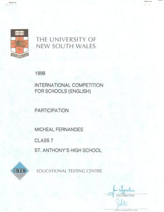 Participation Certificate UNIVERSITY OF NEWSOUTHWALES 1998