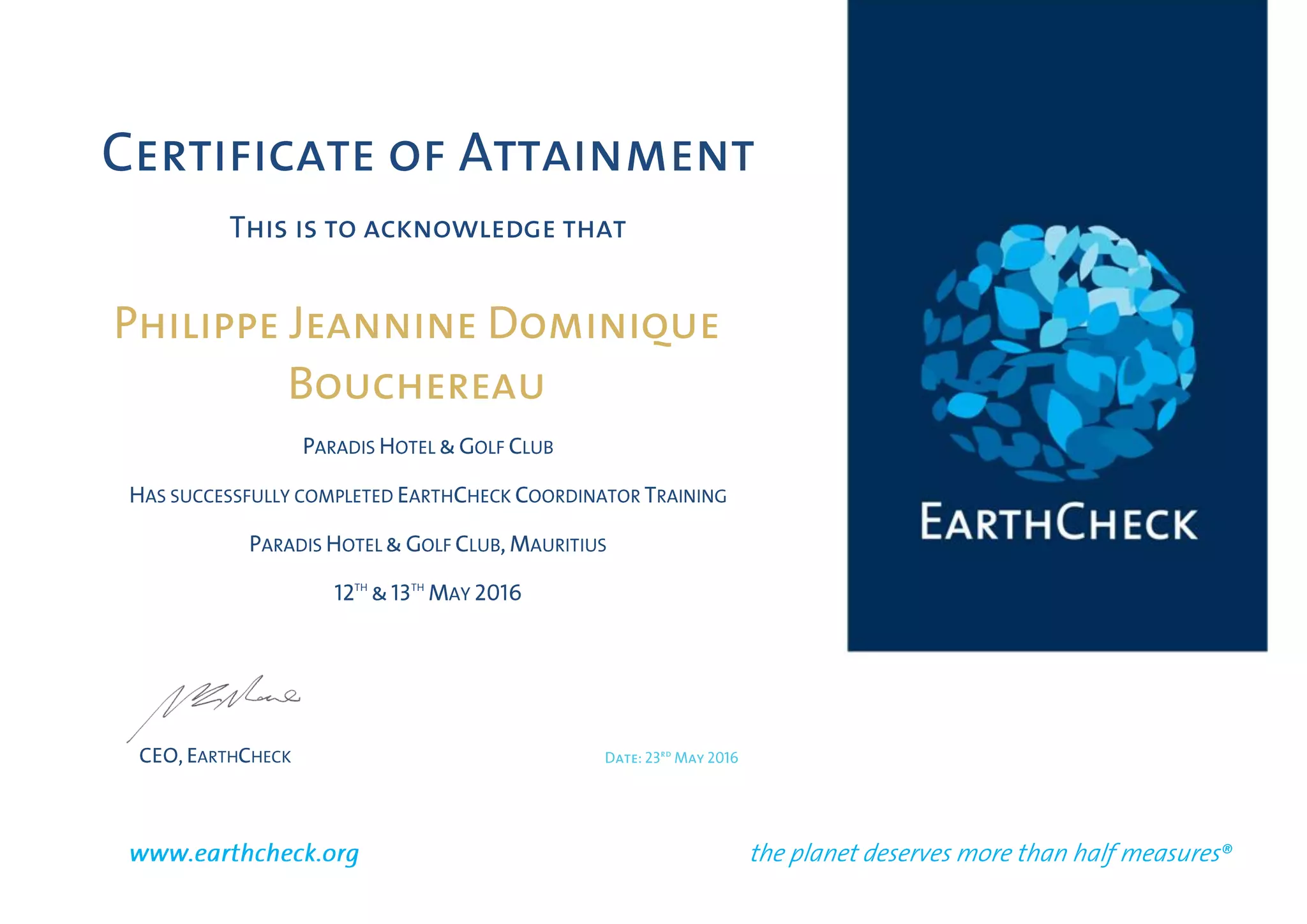 EarthCheck Coordinator Certificate_Par_BOUCHEREAU2 | PDF