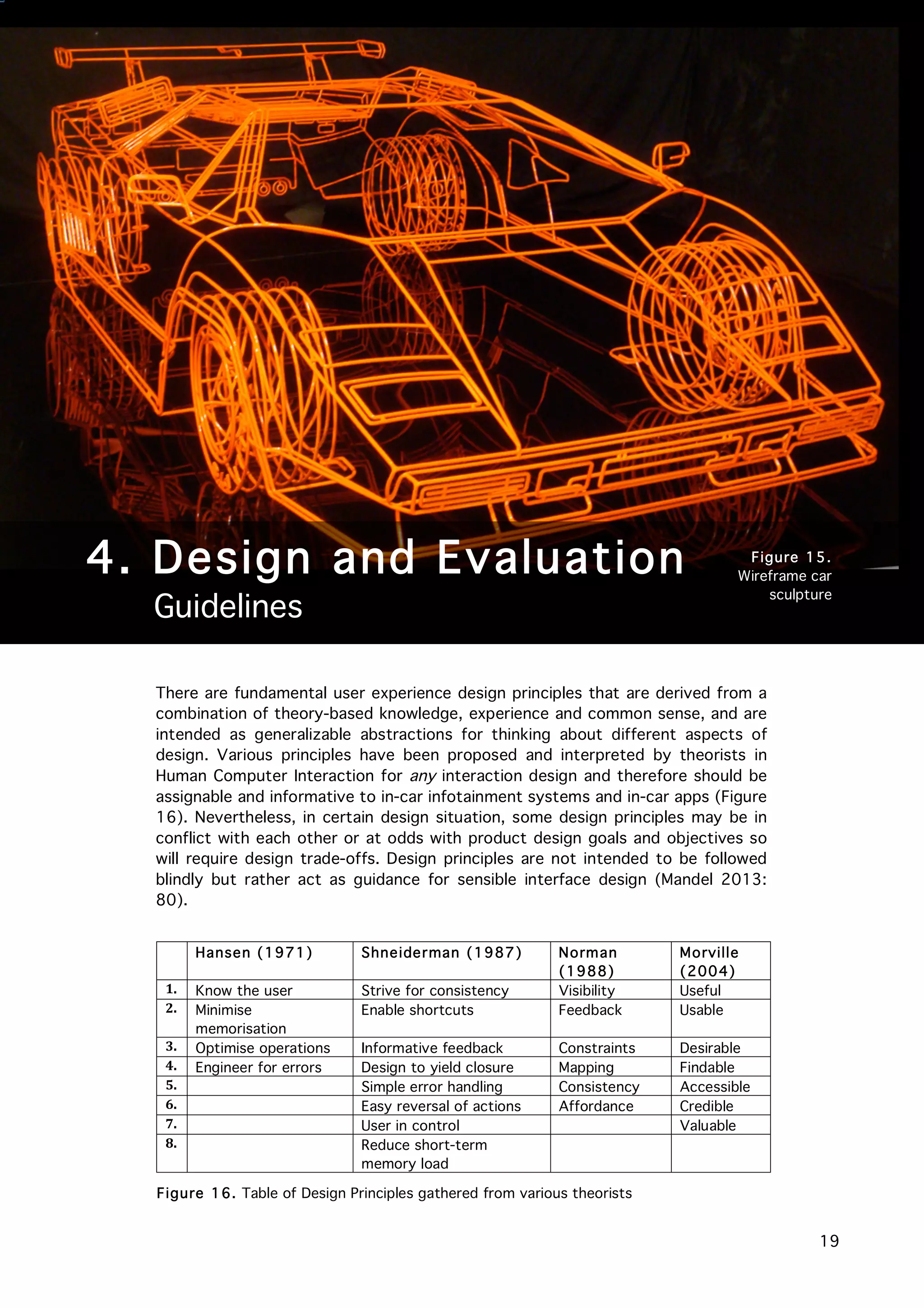   19
There are fundamental user experience design principles that are derived from a
combination of theory-based knowledge, experience and common sense, and are
intended as generalizable abstractions for thinking about different aspects of
design. Various principles have been proposed and interpreted by theorists in
Human Computer Interaction for any interaction design and therefore should be
assignable and informative to in-car infotainment systems and in-car apps (Figure
16). Nevertheless, in certain design situation, some design principles may be in
conflict with each other or at odds with product design goals and objectives so
will require design trade-offs. Design principles are not intended to be followed
blindly but rather act as guidance for sensible interface design (Mandel 2013:
80).
4. Design and Evaluation
Guidelines
	
   Hansen (1971)	
   Shneiderman (1987)	
   Norman
(1988)	
  
Morville
(2004)	
  
1.	
   Know the user	
   Strive for consistency	
   Visibility	
   Useful	
  
2.	
   Minimise
memorisation	
  
Enable shortcuts	
   Feedback	
   Usable	
  
3.	
   Optimise operations	
   Informative feedback	
   Constraints	
   Desirable	
  
4.	
   Engineer for errors	
   Design to yield closure	
   Mapping	
   Findable	
  
5.	
   	
   Simple error handling	
   Consistency	
   Accessible	
  
6.	
   	
   Easy reversal of actions	
   Affordance	
   Credible	
  
7.	
   	
   User in control 	
   Valuable	
  
8.	
   	
   Reduce short-term
memory load
	
   	
  
	
  Figure 16. Table of Design Principles gathered from various theorists
Figure 15.
Wireframe car
sculpture
	
  
 