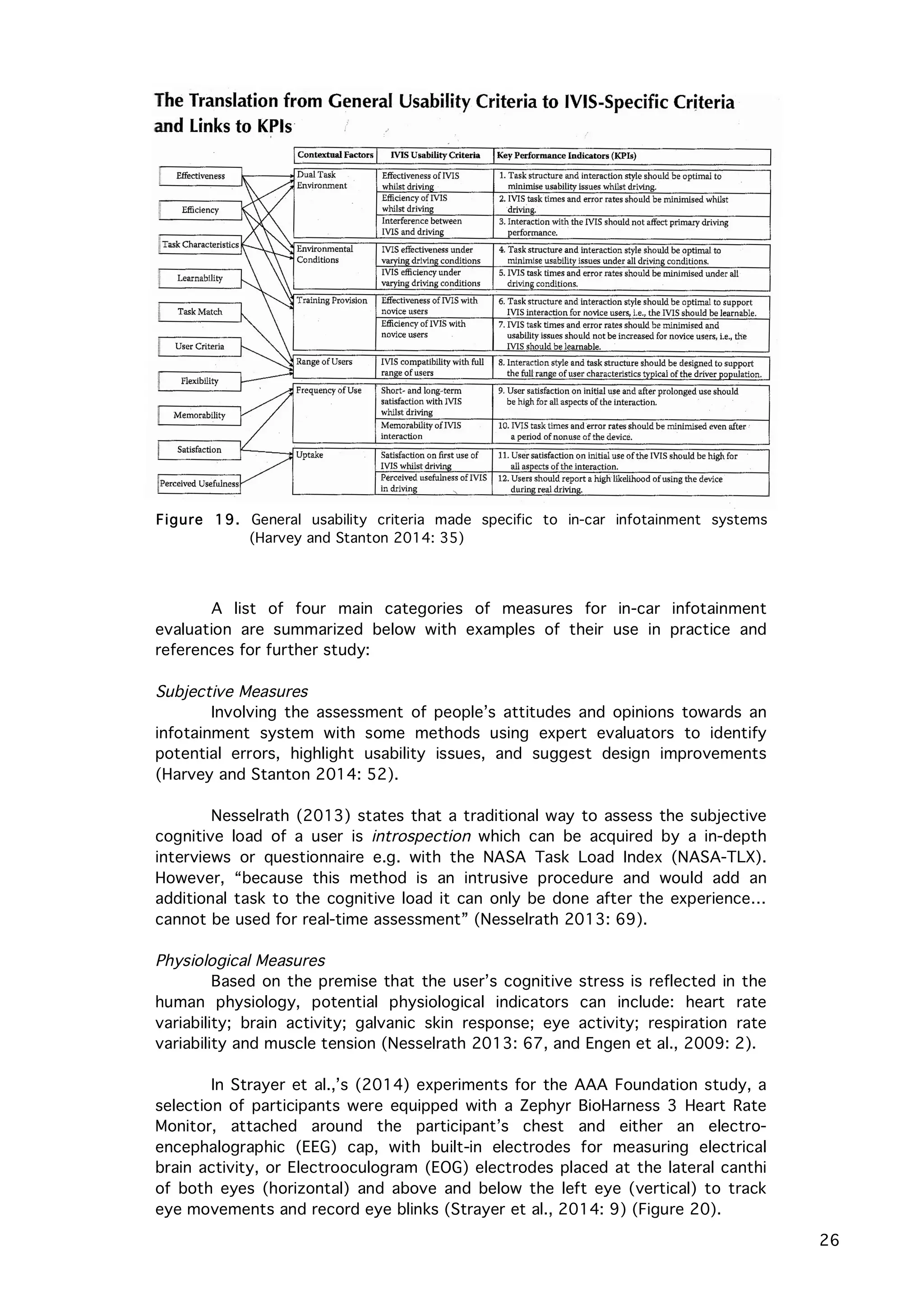   26
A list of four main categories of measures for in-car infotainment
evaluation are summarized below with examples of their use in practice and
references for further study:
Subjective Measures
Involving the assessment of people’s attitudes and opinions towards an
infotainment system with some methods using expert evaluators to identify
potential errors, highlight usability issues, and suggest design improvements
(Harvey and Stanton 2014: 52).
Nesselrath (2013) states that a traditional way to assess the subjective
cognitive load of a user is introspection which can be acquired by a in-depth
interviews or questionnaire e.g. with the NASA Task Load Index (NASA-TLX).
However, “because this method is an intrusive procedure and would add an
additional task to the cognitive load it can only be done after the experience…
cannot be used for real-time assessment” (Nesselrath 2013: 69).
Physiological Measures
Based on the premise that the user’s cognitive stress is reflected in the
human physiology, potential physiological indicators can include: heart rate
variability; brain activity; galvanic skin response; eye activity; respiration rate
variability and muscle tension (Nesselrath 2013: 67, and Engen et al., 2009: 2).
In Strayer et al.,’s (2014) experiments for the AAA Foundation study, a
selection of participants were equipped with a Zephyr BioHarness 3 Heart Rate
Monitor, attached around the participant’s chest and either an electro-
encephalographic (EEG) cap, with built-in electrodes for measuring electrical
brain activity, or Electrooculogram (EOG) electrodes placed at the lateral canthi
of both eyes (horizontal) and above and below the left eye (vertical) to track
eye movements and record eye blinks (Strayer et al., 2014: 9) (Figure 20).
Figure 19. General usability criteria made specific to in-car infotainment systems
(Harvey and Stanton 2014: 35)
 