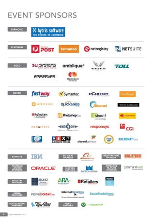 Online Retailer 20134
EVENT SPONSORS
GOLD
SILVER
KEYNOTE BIG IDEAS
SPONSOR
INDUSTRY
PARTNERS
SEM/SEO
PARTNER
MEDIA
PARTNERS
DIAMOND
PLATINUM
PLATINUM
LOUNGE
SPONSOR
SOCIAL MEDIA
PARTNER
VIDEO
PARTNER
REGISTRATION
SPONSOR
ENTRANCE
FEATURE
SPONSOR
 