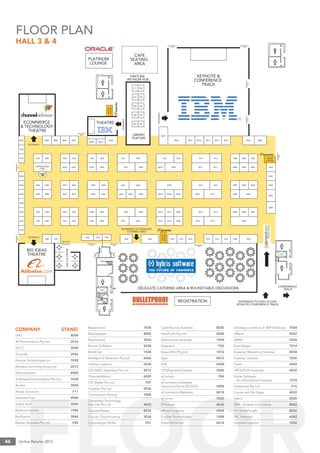 Online Retailer 201346
KEYNOTE &
CONFERENCE
TRACK
CAFE
SEATING
AREA
PLATINUM
LOUNGE
THEATRE
BIG IDEAS
THEATRE
DELEGATE CATERING AREA & ROUNDTABLE DISCUSSIONS
LIBRARY
FEATURE
REGISTRATION ENTRANCE TO EXPO FLOOR
KEYNOTE CONFERENCE TRACK
CONFERENCE
TRACK
ASKTHEEXPERT
CAPPUCCINO
CART
ECOMMERCE
& TECHNOLOGY
THEATRE
10041008101010121016102010221024102610281042
103410361038
1048
1054
200420122016202020222024202820322036203820422044204820502054
3000
30043006300830123014302030223024302830303036303830423044304830503054
3056
4000
40044008401240164020402240244028403040324036403840424044404840504054
5000
5002
500450065008501250145020502850325036503850425044504850505054
5056
6004600660086012601460206024602860326036603860426044 7000
7004700670087012701470207022702870327036703870427044704870507054
7056
80028004801080128014801680188020
8024
8032
80348038
80428044804680488054
F01
F02
F03
F04
F05
F07
F08
F09
F10
F11
ENTRANCE TO DELEGATE
CATERING AREA
ENTRANCE
EMERGENCY
EXIT EMERGENCY
EXIT
EMERGENCY
EXIT
RECEPTION
EMERGENCY
EXIT
EMERGENCY
EXIT
EMERGENCY
EXIT
EMERGENCY
EXIT
EMERGENCY
EXIT
EMERGENCY
EXIT
EMERGENCY
EXIT
EMERGENCY
EXIT
ENTRANCE
ENTRANCE
ENTRANCE
WATER
STATION
WATER
STATION
WATER
STATION
FIRSTLINE
RETAILER HUB
Online Retailer 201346
FLOOR PLAN
HALL 3 & 4
COMPANY STAND
1MD 8054
3D Photomation Pty Ltd 2016
ACCC 5050
Accertify 2042
Akamai Technologies Inc 7038
Alibaba.com Hong Kong Ltd 6012
Allied Express 4008
Amblique/Demandware Pty Ltd 7028
Anchor 3000
Astute Solutions F11
Australia Post 2004
Avanti Tech 2050
Balance Internet 7004
Barilliance 3044
Bastian Australia Pty Ltd F05
Bazaarvoice 1038
Blackpepper 8004
BlueCentral 3020
Bronto Software 5038
BoldChat 1028
Bulletproof Networks Pty Ltd 6036
Cellnet Logistics 2038
CGI ISMC (Australia) Pty Ltd 5012
ChannelAdvisor 6020
CN Global Pty Ltd F07
Coghlan Pty Ltd 5036
Commission Factory 7008
Compdata Technology
Services Pty Ltd 4032
CouriersPlease 8034
Crucial Cloud Hosting 3036
Cyberdesign Works F01
CyberSource Australia 8020
DataTools Pty Ltd 4048
Debitsucces Australia 1024
Deepend F02
Dejan SEO Pty Ltd 1016
dgm 4012
DHL 6008
DPS|Payment Express 5000
eCompix F04
eCommerce Software
Solutions Online (ECSSO) 5008
eCommerce Websites 8018
eCorner 7032
EPiServer 4036
eRetail Logistics 4044
Erudite Technologies 1008
EstarOnline Ltd 6014
eTailbag a product of JMP Holdings 7054
eWave 5032
eWAY 3024
ExactTarget 7014
Experian Marketing Services 4038
Fastway Couriers 7020
Feefo 3054
GROUPON Australia 4030
Heiler Software
– An Informatica Company 1010
Hostworks Pty Ltd F10
House with No Steps 4022
hybris 5028
IBM – Smarter Commerce 8042
IFS SmartFreight 6032
iNC Network 6042
Inspired Logistics 1036
 
