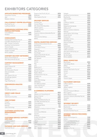 Online Retailer 201382
EXHIBITORS CATEGORIES
AFFILIATE MARKETING PROGRAMS
Commission Factory 7008
dgm 4012
Rakuten Linkshare 1054
CALL/CONTACT CENTRE SOLUTIONS
DataTools Pty Ltd 4048
LivePerson (UK) ltd 4028
COMPARISON SHOPPING SITES/
PORTALS/SOFTWARE
ChannelAdvisor 6020
Shopbot 1034
CONSULTANTS
Amblique/Demandware Pty Ltd 7028
CGI ISMC (Australia) Pty Ltd 5012
IBM – Smarter Commerce 8042
Intershop Communications 7044
Traction Digital 4020
Peloris Global Sourcing 6024
Tangent Snowball 7048
White Labelled 8032
CONTENT DELIVERY NETWORKS
Akamai Technologies Inc 7038
Ultra Serve Internet Pty Ltd 8002
CONTENT MANAGEMENT
EPiServer 4036
Heiler Software AG 1010
ITZ Australia 2054
3D Photomation Pty Ltd 2016
Sitecore Australia 1020
Siteﬂex 2024
Stibo Systems Pty Ltd 2032
StoneBridge Systems 3030
StyleShot 3042
Tiger Pistol Pty Ltd 1022
CONVERSION ANALYSIS
dgm 4012
eWave 5032
StoneBridge Systems 3030
CREDIT CARD FRAUD
Accertify 2042
CyberSource Australia 8020
CRM SYSTEMS
Intergen 4000
Klixmedia 1012
Netsuite 1026
Qdos Technology 8016
CUSTOMER SATISFACTION
MANAGEMENT
Feefo 3054
CUSTOMER SERVICE/ SUPPORT/
LIVE CHAT
LivePerson (UK) ltd 4028
BoldChat 1028
DATABASE AND DATA SERVICES
DataTools Pty Ltd 4048
Experian Asia Paciﬁc Pty Ltd 4038
Multibase 1042
Stibo Systems Pty Ltd 2032
DELIVERY SERVICES
Australia Post 2004
Couriers Please 8034
DHL Global Mail (Australia) 6008
eRetail Logistics 4044
Fastway Couriers 7020
ParcelPoint 4016
Quantium Solutions (Australia) Pty Ltd 5006
Temando 8024
Toll Consumer Delivery 2028
WFDS 2044
DIGITAL MARKETING SERVICES
Amblique/Demandware Pty Ltd 7028
BlackPepper 8004
Commission Factory 7008
Deepend F02
Dejan SEO Pty Ltd 1016
ExactTarget 7014
Experian Asia Paciﬁc Pty Ltd 4038
GROUPON Australia 4030
iNC Network 6042
Inxmail 8012
JCurve 3028
Klyp 4054
Lyris 5054
Melbourne IT 5004
Omate Pty Ltd 5056
Rakuten Linkshare 1054
RedFox Media 3056
3D Photomation Pty Ltd 2016
Scribble Live F03
Shopbot 1034
Shout Web Strategy 5014
SMSGlobal 3012
The Yellow Envelope 2020
Tiger Pistol Pty Ltd 1022
Traction Digital 4020
E-COMMERCE PLATFORMS
1MD 8054
Alibaba.com Hong Kong Ltd 6012
Balance Internet 7004
BlackPepper 8004
Bulletproof Networks Pty Ltd 6036
CGI ISMC (Australia) Pty Ltd 5012
ChannelAdvisor 6020
Cyberdesign Works F01
Deepend F02
eCommerce Software Solutions Online
(ECSSO) 5008
eCommerce Websites 8018
eCorner 7032
EPiServer 4036
Erudite Technologies 1008
EstarOnline Ltd 6014
eWave 5032
eWAY 3024
GROUPON Australia 4030
hybris 5028
IBM – Smarter Commerce 8042
Intergen 4000
Intershop Communications 7044
BlueCentral 3020
JUST X-CART 7050
Klyp 4054
LivePerson (UK) ltd 4028
Magento 7006
MasterCard Worldwide 3014
Melbourne IT 5004
Neto E-commerce Solutions 3038
Netsuite 1026
Niche Fashion Technology 3028
Omate Pty Ltd 5056
Outsourced 3004
quicksales.com.au 4004
Retail Express 8010
Sitecore Australia 1020
Siteﬂex 2024
Solutionists 6004
Tangent Snowball 7048
TORO Commerce 1048
Ultra Serve Internet Pty Ltd 8002
Vivid Group 4042
We Are Digital 7012
White Labelled 8032
EMAIL MARKETING
BlackPepper 8004
Cyberdesign Works F01
eWave 5032
ExactTarget 7014
Experian Asia Paciﬁc Pty Ltd 4038
Inxmail 8012
JCurve 3028
Lyris 5054
Siteﬂex 2024
Traction Digital 4020
FULFILMENT SERVICES
Cellnet Logistics 2038
Coghlan 5036
eRetail Logistics 4044
Invenco 6038
National Products Fulﬁlment 4024
Next Logistics 5020
Peloris Global Sourcing 6024
Quantium Solutions (Australia) Pty Ltd 5006
Temando 8024
WFDS 2044
INTERNET SECURITY
Akamai Technologies Inc 7038
BlueCentral 3020
Securus Global 5042
Symantec Australia Pty Ltd 3008
INTERNET SERVICE PROVIDERS/
HOSTING
Akamai Technologies Inc 7038
Anchor 3000
Bulletproof Networks Pty Ltd 6036
Crucial Cloud Hosting 3036
eCommerce Websites 8018
BlueCentral 3020
Netregistry Pty Ltd 7024
 