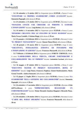 Pagina 12 di 21
FILE: Curriculum vitae Gianluca Sardelli composto di 21 pagine di cui questa è la 12 di 21
- Dal 18 settembre al 8 ottobre 2013 ho frequentato presso ECIPAR a Faenza il corso
“SVILUPPARE LA PROPRIA LEADERSCHIP - CORSO AVANZATO” docente:
Simonetta Pugnaghi, della durata di 29 ore.
- Dal 23 settembre al 31 ottobre 2013 ho frequentato presso ECIPAR a Ravenna il corso
“MANAGER COACH: FAR CRESCERE LE PERSONE E GUIDARE
L’INNOVAZIONE” docente: Luigi Bettini, della durata di 29 ore.
- Dal 14 ottobre al 4 novembre 2013 ho frequentato presso ECIPAR a Faenza il corso
“PENSIERO CREATIVO PER LO SVILUPPO DI NUOVI BUSINESS” docenti:
Maria Teresa Castaldi e Cristiano Boggi, della durata di 29 ore.
- Dal 22 gennaio al 26 febbraio 2014 ho frequentato presso ECIPAR a Ravenna il corso
“IL PROJECT MANAGEMENT” docente: Simone Palazzi Rossi, della durata di 28 ore.
- Dal 28 gennaio al 18 marzo 2014 ho frequentato presso ECIPAR a Lugo il corso
“CREATIVITÀ, INTELLIGENZA EMOTIVA ED INTUIZIONE PER
L’INNOVAZIONE IN AZIENDA” docente: Francesco Muzzarelli, della durata di 29 ore.
- Dal 7 febbraio al 14 febbraio 2014 ho frequentato presso FORUM CORNELII a Imola
il corso “LABORATORIO DELLA FIDUCIA, CREARE PARTNERSCHIP E
COLLABORAZIONE TRA LE IMPRESE” docente: Antonietta Cacciani, della durata
di 12 ore.
- Dal 16 maggio al 25 ottobre 2014 ho frequentato presso GE.MA. a Roma il corso
“EXECUTIVE MASTER IN PROJECT MANAGEMENT, ROMA 12°
EDIZIONE” docenti: Luigi Punzo, Francesco Pagliuca, Gianni Dandreamatteo, Maria
Grazia Verardi e Andrea Innocenti, della durata di 120 ore.
- Dal 12 giugno al 3 luglio 2014 ho frequentato presso ECIPAR a Faenza il corso “LA
LEADERSCHIP NELLA GESTIONE DEI COLLABORATORI” docente: Simonetta
Pugnaghi, della durata di 28 ore.
- Dal 24 settembre al 5 novembre 2014 ho frequentato presso ECIPAR a Ravenna <Club
dell’Eccellenza> il corso “IMPRENDICORTO, REALIZZARE UN
CORTOMETRAGGIO” docenti: Monia Morandi, Gianluca Reggiani e Riccardo Piana,
della durata di 28 ore.
- Dal 30 settembre al 20 ottobre 2014 ho frequentato presso ECIPAR a Ravenna il corso
“L’ARTE DEL PUBLIC SPEAKING” docente: Francesco Muzzarelli, della durata di
28 ore.
 