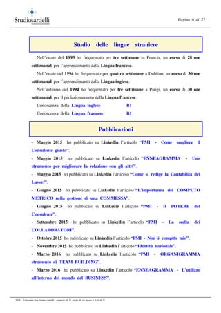 Pagina 6 di 21
FILE: Curriculum vitae Gianluca Sardelli composto di 21 pagine di cui questa è la 6 di 21
Studio delle lingue straniere
Nell’estate del 1993 ho frequentato per tre settimane in Francia, un corso di 28 ore
settimanali per l’apprendimento della Lingua francese.
Nell’estate del 1994 ho frequentato per quattro settimane a Dublino, un corso di 30 ore
settimanali per l’apprendimento della Lingua inglese.
Nell’autunno del 1994 ho frequentato per tre settimane a Parigi, un corso di 30 ore
settimanali per il perfezionamento della Lingua francese.
Conoscenza della Lingua inglese B1
Conoscenza della Lingua francese B1
Pubblicazioni
- Maggio 2015 ho pubblicato su Linkedin l’articolo “PMI - Come scegliere il
Consulente giusto”.
- Maggio 2015 ho pubblicato su Linkedin l’articolo “ENNEAGRAMMA - Uno
strumento per migliorare la relazione con gli altri”.
- Maggio 2015 ho pubblicato su Linkedin l’articolo “Come si redige la Contabilità dei
Lavori”.
- Giugno 2015 ho pubblicato su Linkedin l’articolo “L'importanza del COMPUTO
METRICO nella gestione di una COMMESSA”.
- Giugno 2015 ho pubblicato su Linkedin l’articolo “PMI - Il POTERE del
Consulente”.
- Settembre 2015 ho pubblicato su Linkedin l’articolo “PMI - La scelta dei
COLLABORATORI”.
- Ottobre 2015 ho pubblicato su Linkedin l’articolo “PMI - Non è compito mio”.
- Novembre 2015 ho pubblicato su Linkedin l’articolo “Identità nazionale”.
- Marzo 2016 ho pubblicato su Linkedin l’articolo “PMI - ORGANIGRAMMA
strumento di TEAM BUILDING”.
- Marzo 2016 ho pubblicato su Linkedin l’articolo “ENNEAGRAMMA - L’utilizzo
all’interno del mondo del BUSINESS”.
 