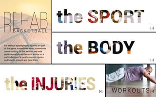 [+]
[+]
[+]
[+]
WORKOUTS
For serious sportspeople, injuries are part
of the game; sometimes minor, sometimes
career-ending. In this section, we seek
professional physiotherapist advice on a
particular sport’s most common injuries
and how to prevent and treat them.
B A S K E T B A L L
[+]
 