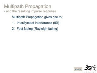 Multipath Propagation
- and the resulting impulse response
Multipath Propagation gives rise to:
1. InterSymbol Interference (ISI)
2. Fast fading (Rayleigh fading)
source
 