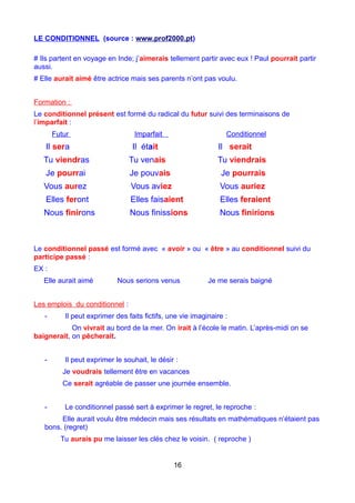 LE CONDITIONNEL (source : www.prof2000.pt)
# Ils partent en voyage en Inde; j’aimerais tellement partir avec eux ! Paul pourrait partir
aussi.
# Elle aurait aimé être actrice mais ses parents n’ont pas voulu.
Formation :
Le conditionnel présent est formé du radical du futur suivi des terminaisons de
l’imparfait :
Futur Imparfait Conditionnel
Il sera Il était Il serait
Tu viendras Tu venais Tu viendrais
Je pourrai Je pouvais Je pourrais
Vous aurez Vous aviez Vous auriez
Elles feront Elles faisaient Elles feraient
Nous finirons Nous finissions Nous finirions
Le conditionnel passé est formé avec « avoir » ou « être » au conditionnel suivi du
participe passé :
EX :
Elle aurait aimé Nous serions venus Je me serais baigné
Les emplois du conditionnel :
- Il peut exprimer des faits fictifs, une vie imaginaire :
On vivrait au bord de la mer. On irait à l’école le matin. L’après-midi on se
baignerait, on pêcherait.
- Il peut exprimer le souhait, le désir :
Je voudrais tellement être en vacances
Ce serait agréable de passer une journée ensemble.
- Le conditionnel passé sert à exprimer le regret, le reproche :
Elle aurait voulu être médecin mais ses résultats en mathématiques n’étaient pas
bons. (regret)
Tu aurais pu me laisser les clés chez le voisin. ( reproche )
16
 