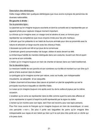 Description des stéréotypes
Cette image reflète bien quelques stéréotypes que nous avons à propos de personnes de
diverses nationalités.
De gauche à droite :
Sur la première ligne :
Le japonais qu’on imagine toujours souriants et dont la curiosité est ici représentée par un
appareil photo pour capturer chaque moment important.
Le chinois qu’on imagine avec un visage rond et sévère et avec un kimono pour
représenter sa compétence que nous croyons innée pour les arts martiaux.
L’africain que l’on présente ici en habit de fourrure animale pour dire sa proximité avec la
nature et arborant un large sourire avec les cheveux frisés.
L’écossais qui porte son kilt et qui joue de la cornemuse
L’américain grand consommateur de burger, obèse et assis devant sa télé.
Le britannique habillé de manière distinguée dans son costume, buvant son thé et ayant
sa canne et son ombrelle.
L’indien qu’on imagine toujours en train de chanter et danser dans son habit traditionnel.
Sur la deuxième ligne :
Le mexicain habillé de son poncho et son sombrero sur la tête et montant sur son âne qu’il
peine à faire avancer dans le désert.
Le portugais qu’on imagine ouvrier par nature, avec sa truelle, son indispensable
moustache, sa salopette et sa casquette.
L’italien charmant et bourreaux des cœurs et portant un plat de spaghettis qui est la
principale nourriture à laquelle on identifie l’Italie.
Le russe qu’on imagine toujours ivre après avoir bu de la vodka et joyeux par la même
occasion.
L’israélien qu’on aime se représenter dans la tête comme ayant le sens des affaires et
qu’on représente ici ayant à l’esprit le profit représenté par le signe du dollar.
L’iranien qu’on montre avec son tapis, tant l’Iran est reconnu pour ses tapis persans.
Pour finir nous avons le français qu’on imagine toujours en train de revendiquer, ici avec
une pancarte « non ». De plus il porte ses baguettes de pains qu’on imagine être
indispensable aux repas et son béret qui bien qu’il ne soit plus très porté est un cliché qui
a la peau dure.
21
 