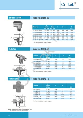 Model No. CI-210-MT
P
Model No. Male L E F
NPT Size (A/F)
CI-210-MT-2N 1/8" NPT 22.4 4.0 11.0
CI-210-MT-4N 1/4" NPT 26.7 7.1 14.0
CI-210-MT-6N 3/8" NPT 29.7 9.5 17.0
CI-210-MT-8N 1/2" NPT 36.8 11.8 22.0
CI-210-MT-12N 3/4" NPT 38.0 15.6 27.0
CI-210-MT-16N 1" NPT 47.6 22.0 35.0
*End Connections other thread on Request.
Model No. CI-212-FC
P
Model No. Female L E F
NPT Size (A/F)
CI-212-FC-2N 1/8" 22.4 4.8 11.0
CI-212-FC-4N 1/4" NPT 29.7 7.0 16.0
CI-212-FC-6N 3/8" NPT 29.7 9.6 19.0
CI-212-FC-8N 1/2" NPT 36.8 11.9 22.0
CI-212-FC-12N 3/4" NPT 48.0 15.8 27.0
CI-212-FC-16N 1" NPT 47.6 22.0 35.0
NPT
*End Connections other thread on Request.
Male Tee
Female Cross
CHIRAG
CI-212-FC
8-S6-N
Model No. CI-209-SE
*End Connections other thread on Request.
STREET ELBOW
Note: All dimensions are subject to change without notice
All dimensions are in mm unless specified
w w w . c h i r a g h y d r o . c o m102
P P1
Model No. Female Male L L1 E F
NPT Size NPT Size (A/F)
CI-209-SE-2N-4N 1/4" 29.8 29.8 4.8 19.0
CI-209-SE-6N-4N 3/8" NPT 1/4" NPT 36.1 32.0 7.0 22.0
CI-209-SE-6N-6N 3/8" NPT 3/8" NPT 36.1 32.0 9.5 22.0
CI-209-SE-8N-4N 1/2" NPT 1/4" NPT 39.5 35.0 7.1 27.0
CI-209-SE-8N-8N 3/4" NPT 1/2" NPT 39.5 39.6 11.8 27.0
CI-209-SE-12N-12N 1" NPT 3/4" NPT 48.8 32.4 15.0 32.0
NPT 1/4" NPT
Ci-Lok
™
 