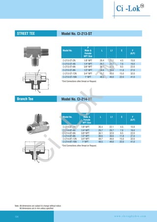 Model No. CI-213-ST
Model No. CI-214-BT
*End Connections other thread on Request.
STREET TEE
Branch Tee
*End Connections other thread on Request.
Note: All dimensions are subject to change without notice
All dimensions are in mm unless specified
P
Model No. Male & L L1 E F
Female (A/F)
NPT Size
CI-214-BT-2N 1/8" NPT 22.1 4.5 15.0
CI-214-BT-4N 1/4" NPT 29.7 29.7 7.0 19.0
CI-214-BT-6N 3/8" NPT 36.1 32.0 9.5 22.0
CI-214-BT-8N 1/2" NPT 39.6 39.6 11.8 27.0
CI-214-BT-12N 3/4" NPT 48.7 49.0 15.0 32.0
CI-214-BT-16N 1" NPT 48.5 49.0 22.0 41.0
26.4
w w w . c h i r a g h y d r o . c o m104
P
Model No. Male & L L1 E F
Female (A/F)
NPT Size
CI-213-ST-2N 1/8" NPT 22.1 4.5 15.0
CI-213-ST-4N 1/4" NPT 29.7 29.7 7.0 19.0
CI-213-ST-6N 3/8" NPT 36.1 32.0 9.5 22.0
CI-213-ST-8N 1/2" NPT 39.6 39.6 11.8 27.0
CI-213-ST-12N 3/4" NPT 48.7 49.0 15.0 32.0
CI-213-ST-16N 1" NPT 48.5 49.0 22.0 41.0
26.4
Ci-Lok
™
 