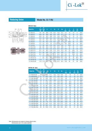 Reducing Union
1/4 1/8 38.6 17.8 15.3 15.3 12.7 2.4 14 14 11 24.6
CI-7-RU-5-2 5/1 1/8 39.6 18.6 15.3 16.3 12.7 2.4 14 16 11 25.7
CI-7-RU-5-4 5/16 1/4 42.2 18.6 17.8 16.3 15.3 4.8 14 16 14 27.5
CI-7-RU-6-2 3/ 8 1/8 40.9 19.3 15.3 16.8 12.7 2.4 16 17 11 26.9
CI-7-RU-6-4 3/ 8 1/4 43.2 19.3 17.8 16.8 15.3 4.8 16 17 14 28.5
CI-7-RU-8-2 1/ 2 1/8 45.2 21.8 15.3 22.9 12.7 2.4 20.5 22 11 28.5
CI-7-RU-8-4 1/ 2 1/4 47.0 1.8 17.8 22.9 15.3 4.8 20.5 22 14 29.5
CI-7-RU-8-6 1/ 2 3/8 48.5 21.8 19.3 22.9 16.8 7.1 20.5 22 17 31.0
CI-7-RU-10-6 5/8 3/8 49.3 21.8 19.3 24.4 16.8 7.1 24 25 17 31.8
CI-7-RU-10-8 5/ 8 1/2 52.0 21.8 21.8 24.4 22.9 10.4 24 25 22 31.8
CI-7-RU-12-4 3/ 4 1/4 49.3 21.8 17.8 24.4 15.3 4.8 27 28.5 14 31.8
CI-7-RU-12-6 3/ 4 3/8 50.8 21.8 19.3 24.4 16.8 7.1 27 28.5 17 33.3
CI-7-RU-12-8 3/ 4 1/2 53.6 21.8 21.8 24.4 22.9 10.4 27 28.5 22 33.3
CI-7-RU-16-8 1 1/2 60.5 26.5 21.8 31.2 22.9 10.4 35 38 22 38.1
CI-7-RU-16-12 1 3/4 60.5 26.5 21.8 31.2 24.4 15.8 35 38 28.5 38.1
CI-7-RU-20-16 1 1/4 1 92.2 38.9 26.4 41.2 3 1.2 22.3 45 50 38 48.0
CI-7-RU-24-20 1 1/2 1 1/4 60.5 26.5 21.8 31.2 24.4 15.8 55 57 50 53.6
CI-7-RU-4-2
6
T Tx
Model No. Tube Tube A C Cx D Dx E F G Gx H
OD OD min. A/F A/F A/F
T Tx
Model No. Tube Tube A C Cx D Dx E F G Gx H
OD OD min. A/F A/F A/F
METRIC OD Tubes
H
F
G
E
Tx
Gx
D
C
Dx
Cx
A
T
INCH OD Tubes
Model No. CI-7-RU
6 3 38.6 17.7 15.3 15.3 12.9 2.4 14 14 11 24.6
CI-7-RU-8m-6m 8 6 42.3 18.6 17.7 16.2 15.3 4.8 14 16 14 27.4
CI-7-RU-10m-6m 10 6 44.5 19.5 17.7 17.2 15.3 4.8 17 19 14 29.5
CI-7-RU-10m-8m 10 8 45.1 19.5 18.6 17.2 16.2 6.3 17 19 16 30.0
CI-7-RU-12m-6m 12 6 47.0 22.0 17.7 22.8 15.3 4.8 20.5 22 14 29.5
CI-7-RU-12m-8m 12 8 47.8 22.0 18.6 22.8 16.2 6.4 20.5 22 16 30.2
CI-7-RU-12m-10m 12 10 48.7 22.0 19.5 22.8 17.2 7.9 20.5 22 19 31.0
CI-7-RU-16m-10m 16 10 49.5 22.0 19.5 24.4 17.2 7.9 24 25 19 31.8
CI-7-RU-16m-12m 16 12 52.0 22.0 22.0 24.4 22.8 9.5 24 25 22 31.8
CI-7-RU-22m-18m 22 18 55.0 22.0 22.0 26.0 24.4 15.1 30 32 30 34.8
CI-7-RU-22m-20m 22 20 55.0 22.0 22.0 26.0 26.6 15.9 30 32 32 34.8
CI-7-RU-25m-12m 25 12 65.0 26.5 22.0 31.3 22.8 9.5 35 38 22 40.4
CI-7-RU-25m-20m 25 20 65.0 26.5 22.0 31.3 26.0 15.9 35 38 32 40.4
CI-7-RU-30m-20m 30 20 75.4 39.2 22.0 39.6 26.0 15.9 45 50 32 43.7
CI-7-RU-30m-25m 30 25 80.1 39.2 26.5 39.6 31.3 21.8 45 50 38 46.2
CI-7-RU-32m-20m 32 20 77.8 41.6 22.0 42.0 26.0 15.9 45 50 32 44.7
CI-7-RU-32m-25m 32 25 82.3 41.6 26.5 42.0 31.3 21.8 45 50 38 47.0
CI-7-RU-38m-20m 38 20 92.0 47.9 26.5 49.4 31.3 21.8 55 57 38 52.1
CI-7-RU-38m-25m 38 25 104.6 47.9 39.2 49.4 39.6 26.2 55 57 50 55.4
CI-7-RU-6m-3m
w w w . c h i r a g h y d r o . c o m18
Note: All dimensions are subject to change without notice
All dimensions are in mm unless specified
Ci-Lok
™
 