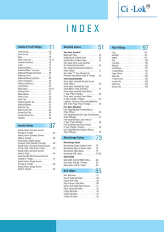 Needle Valves Screwed Bonnet
(Female X Female) . . . . . . . . . . . . . . . . . 42
Needle Valves Screwed Bonnet
(Male X Female) . . . . . . . . . . . . . . . . . . . 43
Panel Mount Needle Valves
Screwed Ends (Female X Female) . . . . . . 44
Needle Valves Screwed Bonnet Double
Ferrule Tube Ends (Tube X Tube) . . . . . . . 45
Needle Valves Screwed Bonnet
(Male X Male) . . . . . . . . . . . . . . . . . . . . . 46
Angle Needle Valve Screwed Bonnet
(Female X Female) . . . . . . . . . . . . . . . . . 47
Needle Valves Single Bonnet
(Female X Female) . . . . . . . . . . . . . . . . . 48
Needle Valves Single Bonnet
(Male X Female) . . . . . . . . . . . . . . . . . . . 49
Needle Valves 37
Two Valve Manifold
Multi-port Valve. . . . . . . . . . . . . . . . . . . . 53
Single Block & Bleed Valve . . . . . . . . . . . 54
Double Block & Bleed Valve. . . . . . . . . . . 55
Two Valve (three-way) Manifold
for Pressure Instruments. . . . . . . . . . . . . 56
Two Valve Manifold Remote Mount
(Pipe X Pipe) . . . . . . . . . . . . . . . . . . . . . 57
Two Valve “T” Type Manifold for
Pressure Instruments (Pipe X Flange) . . . 58
Three Valve Manifold
Three Valve Manifold Remote Mount
(Pipe X Pipe). . . . . . . . . . . . . . . . . . . . . . 60
Three Valve Manifold Bar Type
Direct Mount (Pipe X Flange) . . . . . . . . . 61
Three Valve Manifold Direct Mount
T Type (Pipe X Flange). . . . . . . . . . . . . . . 62
Three Valve Manifold Direct Mount
H Type (Flange X Flange). . . . . . . . . . . . . 63
Coplanar Mounting Three Valve Manifold
with Drain Plugs (Pipe X Flange) . . . . . . . 64
Five Valve Manifold
Five Valve Manifold Remote Mount
(Pipe X Pipe). . . . . . . . . . . . . . . . . . . . . . 65
Five Valve Manifold Bar Type Direct Mount
(Pipe X Flange) . . . . . . . . . . . . . . . . . . . . 67
Five Valve Manifold, Direct Mount
T Type (Pipe X Flange). . . . . . . . . . . . . . . 68
Five Valve Manifold Direct Mount
H Type (Flange X Flange). . . . . . . . . . . . . 69
Five Valve Manifold Coplanar Mount
(Pipe X Flange) . . . . . . . . . . . . . . . . . . . . 70
Manifold Valves 51
Monoflange Valves
Monoflange Single Isolation Valve. . . . 75
Monoflange Block & Bleed Valve . . . . 76
Monoflange DBB Valves . . . . . . . . . . . 77
Key Block DBB Valves . . . . . . . . . . . . 79-80
Gate Valves
Gate Valve (Socket Weld Ends). . . . . . 82
Gate Valve (Flange X Flange) . . . . . . . 83
Globe Valve (OS & Y Type) . . . . . . . . . 84
73Monoflange Valves
Mini Ball Valve . . . . . . . . . . . . . . . . . . 87
Round Body Ball Valve . . . . . . . . . . . . 88
Square Ball Valve . . . . . . . . . . . . . . . . 89
High Pressure Ball Valve . . . . . . . . . . . 90
Square Ball Valve High Pressure . . . . . 91
Panel Mount Ball Valve . . . . . . . . . . . . 92
2 Way Ball Valve. . . . . . . . . . . . . . . . . 93
3 Way Ball Valve. . . . . . . . . . . . . . . . . 94
5 Way Ball Valve. . . . . . . . . . . . . . . . . 95
85Ball Valves
Front Ferrule . . . . . . . . . . . . . . . . . . 13
Back Ferrule . . . . . . . . . . . . . . . . . . 13
Nuts . . . . . . . . . . . . . . . . . . . . . . . . 13
Male Connector . . . . . . . . . . . . . . . 14-15
Female Connector. . . . . . . . . . . . . . 16
Union . . . . . . . . . . . . . . . . . . . . . . . 17
Reducing Union . . . . . . . . . . . . . . . 18
Bulkhead Male Connector . . . . . . . . 19
Bulkhead Female Connector . . . . . . 20
Bulkhead Union. . . . . . . . . . . . . . . . 21
Bulkhead Reducing Union . . . . . . . . 22
Tube End Closure . . . . . . . . . . . . . . 22
Fitting End Closure . . . . . . . . . . . . . 23
Union Elbow . . . . . . . . . . . . . . . . . . 23
Male Elbow. . . . . . . . . . . . . . . . . . . 24-25
Female Elbow . . . . . . . . . . . . . . . . . 26
Male Adapter . . . . . . . . . . . . . . . . . 27
Union Cross . . . . . . . . . . . . . . . . . . 28
Union Tee . . . . . . . . . . . . . . . . . . . . 29
Reducing Union Tee . . . . . . . . . . . . 30
Bulkhead Elbow . . . . . . . . . . . . . . . 31
Male Run Tee . . . . . . . . . . . . . . . . . 32
Male Branch Tee . . . . . . . . . . . . . . . 33
Female Run Tee. . . . . . . . . . . . . . . . 34
Female Branch Tee . . . . . . . . . . . . . 35
Reducer . . . . . . . . . . . . . . . . . . . . . 36
11Double Ferrul Fittings
Plug . . . . . . . . . . . . . . . . . . . . . . . . . . 99
Bushing . . . . . . . . . . . . . . . . . . . . . . . 99
Nipple. . . . . . . . . . . . . . . . . . . . . . . . . 99
Cap . . . . . . . . . . . . . . . . . . . . . . . . . . 100
Coupling. . . . . . . . . . . . . . . . . . . . . . . 100
Adaptor . . . . . . . . . . . . . . . . . . . . . . . 100
Male Elbow. . . . . . . . . . . . . . . . . . . . . 101
Female Elbow . . . . . . . . . . . . . . . . . . . 101
Street Elbow. . . . . . . . . . . . . . . . . . . . 102
Male Tee. . . . . . . . . . . . . . . . . . . . . . . 102
Female Cross . . . . . . . . . . . . . . . . . . . 102
Female Tee . . . . . . . . . . . . . . . . . . . . . 103
Street Tee . . . . . . . . . . . . . . . . . . . . . . 104
Branch Tee . . . . . . . . . . . . . . . . . . . . . 104
97Pipe Fittings
 