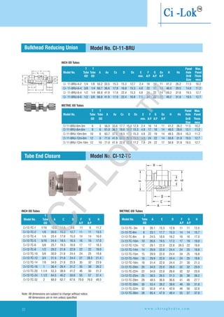 INCH OD Tubes
Bulkhead Reducing Union
H
Hx
T
F
E
Tx
Gx
D
Ax
Dx
Cx
A
G
Model No. CI-11-BRU
METRIC OD Tubes
Tube End Closure
INCH OD Tubes METRIC OD Tubes
T
Model No. Tube A C D F G H
OD A/F A/F
F
H
G
T
D
C
A
CI- 11-BRU-4-2 1/4 1/8 55.2 33.5 15.3 15.3 12.7 2.4 16 14 11 41.2 26.2 11.5 10.2
CI- 11-BRU-6-4 3/8 1/4 60.7 36.6 17.8 16.8 15.3 4.8 22 17 14 46.0 29.5 14.6 11.2
CI- 11-BRU-8-4 1/2 1/4 66.8 41.9 17.8 22.4 15.3 4.8 24 22 14 49.2 31.8 19.5 12.7
CI- 11-BRU-8-6 1/2 3/8 66.8 41.9 17.8 22.4 16.8 7.1 24 22 17 49.2 31.8 19.5 12.7
T T Panel Max.
Model No. Tube Tube A Ax Cx D Dx E F G Gx H Hx Hole Panel
OD OD min. A/F A/F A/F Drill Thick-
Size ness
3m 3 20.1 15.3 12.9 11 11 13.5
CI-12-TC-6m 6 23.1 17.7 15.3 14 14 15.7
CI-12-TC-8m 8 24.5 18.6 16.2 16 16 17.0
CI-12-TC-10m 10 26.6 19.5 17.2 17 19 19.0
CI-12-TC-12m 12 29.1 22.0 22.8 20.5 22 19.0
CI-12-TC-14m 14 29.9 22.0 24.4 24 25 19.8
CI-12-TC-15m 15 29.9 22.0 24.4 24 25 19.8
CI-12-TC-16m 16 29.9 22.0 24.4 24 25 19.8
CI-12-TC-18m 18 31.4 22.0 24.4 27 30 21.3
CI-12-TC-20m 20 34.0 22.0 26.0 32 32 23.9
CI-12-TC-22m 22 34.0 22.0 26.0 32 32 23.9
CI-12-TC-25m 25 38.5 26.5 31.3 35 38 26.2
CI-12-TC-28m 28 48.5 36.6 36.6 41 46 27.7
CI-12-TC-30m 30 53.4 39.2 39.6 46 50 31.8
CI-12-TC-32m 32 55.8 41.6 42.0 46 50 32.8
CI-12-TC-38m 38 65.4 47.9 49.4 55 57 37.8
CI-12-TC-1/16 13.0 11.0 8.6 11 8 11.2
CI-12-TC-2 1/8 20.0 15.3 12.7 11 11 13.5
CI-12-TC-4 1/4 23.4 17.8 15.3 14 14 16.0
CI-12-TC-5 5/16 24.4 18.5 16.3 16 16 17.0
CI-12-TC-6 3/8 25.7 19.3 16.8 17 17 18.3
CI-12-TC-8 1/2 29.2 21.8 22.9 22 22 19.0
CI-12-TC-10 5/8 30.0 21.8 24.4 24 25 19.8
CI-12-TC-12 3/4 31.5 21.8 24.4 27 28.5 21.4
CI-12-TC-14 7/8 34.0 21.8 25.9 35 32 23.9
CI-12-TC-16 1 38.4 26.4 31.2 35 38 26.2
CI-12-TC-20 1.1/4 53.3 38.9 41.2 46 50 31.2
CI-12-TC-24 1.1/2 64.5 45.2 50.0 55 57 37.4
CI-12-TC-32 2 68.0 62.7 67.6 70.0 76.0 49.3
CI-12-TC-1
Model No. CI-12-TC
T
Model No. Tube A C D F G H
OD A/F A/F
CI-11-BRU-6m-3m 6 3 56.0 33.6 17.7 15.3 12.9 2.4 16 14 11 41.2 26.2 11.5 10.2
CI-11-BRU-8m-6m 8 6 61.0 36.1 18.6 16.2 15.3 4.8 17 16 14 48.0 28.6 13.1 11.2
CI-11-BRU-10m-6m 10 6 63.7 37.0 19.5 17.2 15.3 4.8 22 19 14 48.5 29.4 16.3 11.2
CI-11-BRU-12m-6m 12 6 71.0 41.9 22.0 22.8 15.3 4.8 24 22 14 50.8 31.8 19.5 12.7
CI-11-BRU-12m-10m 12 10 71.0 41.9 22.0 22.8 17.2 7.9 24 22 17 50.8 31.8 19.5 12.7
T T Panel Max.
Model No. Tube Tube A Ax Cx D Dx E F G Gx H Hx Hole Panel
OD OD min. A/F A/F A/F Drill Thick-
Size ness
w w w . c h i r a g h y d r o . c o m22
CHIRAG
CI-12-TC-12m
Note: All dimensions are subject to change without notice
All dimensions are in mm unless specified
Ci-Lok
™
 