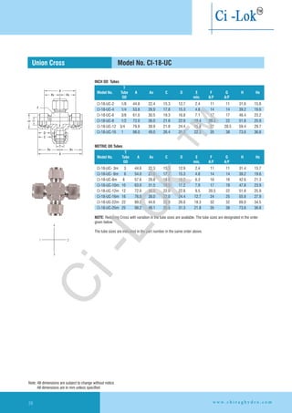 T
Model No. Tube A Ax C D E F G H Hx
OD min. A/F A/F
T
Model No. Tube A Ax C D E F G H Hx
OD min. A/F A/F
H
Hx Hx
F
G
T
E
D
C
Ax
A
Ax
T METRIC OD Tubes
NOTE: Reducing Cross with variation in the tube sizes are available. The tube sizes are designated in the order
given below.
Union Cross
INCH OD Tubes
4
1 2
3
The tube sizes are indicated in the part number in the same order above.
Model No. CI-18-UC
3m 3 44.6 22.3 15.3 12.9 2.4 11 11 31.4 15.7
CI-18-UC- 6 54.0 27.0 17.7 15.3 4.8 14 14 39.2 19.6
CI-18-UC-8m 8 57.6 28.8 18.6 16.2 6.3 16 16 42.6 21.3
CI-18-UC-10m 10 63.0 31.5 19.5 17.2 7.9 17 19 47.8 23.9
CI-18-UC-12m 12 72.0 36.0 22.0 22.8 9.5 20.5 22 51.8 25.9
CI-18-UC-16m 16 76.0 38.0 22.0 24.4 12.7 24 25 55.8 27.9
CI-18-UC-22m 22 89.2 44.6 22.0 26.0 18.3 32 32 69.0 34.5
CI-18-UC-25m 25 98.2 49.1 26.5 31.3 21.8 35 38 73.6 36.8
CI-18-UC-
6m
1/8 44.8 22.4 15.3 12.7 2.4 11 11 31.6 15.8
CI-18-UC-4 1/4 53.8 26.9 17.8 15.3 4.8 14 14 39.2 19.6
CI-18-UC-6 3/8 61.0 30.5 19.3 16.8 7.1 17 17 46.4 23.2
CI-18-UC-8 1/2 72.0 36.0 21.8 22.9 10.4 20.5 22 51.8 25.9
CI-18-UC-12 3/4 79.8 39.9 21.8 24.4 15.8 27 28.5 59.4 29.7
CI-18-UC-16 1 98.0 49.0 26.4 31.2 22.3 35 38 73.6 36.8
CI-18-UC-2
w w w . c h i r a g h y d r o . c o m28
Note: All dimensions are subject to change without notice
All dimensions are in mm unless specified
Ci-Lok
™
 