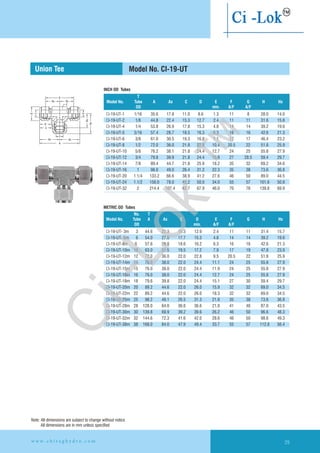 H
Hx Hx
F
G
T
E
T
Hx
Ax
AxAx
T
A
D
C
METRIC OD Tubes
T
Model No. Tube A Ax C D E F G H Hx
OD min. A/F A/F
T
Model No. Tube A Ax C D E F G H Hx
OD min. A/F A/F
No.
Union Tee
INCH OD Tubes
Model No. CI-19-UT
1/16 35.6 17.8 11.0 8.6 1.3 11 8 28.0 14.0
CI-19-UT-2 1/8 44.8 22.4 15.3 12.7 2.4 11 11 31.6 15.8
CI-19-UT-4 1/4 53.8 26.9 17.8 15.3 4.8 14 14 39.2 19.6
CI-19-UT-5 5/16 57.4 28.7 18.5 16.3 6.3 16 16 42.6 21.3
CI-19-UT-6 3/8 61.0 30.5 19.3 16.8 7.1 17 17 46.4 23.2
CI-19-UT-8 1/2 72.0 36.0 21.8 22.9 10.4 20.5 22 51.8 25.9
CI-19-UT-10 5/8 76.2 38.1 21.8 24.4 12.7 24 25 55.8 27.9
CI-19-UT-12 3/4 79.8 39.9 21.8 24.4 15.8 27 28.5 59.4 29.7
CI-19-UT-14 7/8 89.4 44.7 21.8 25.9 18.2 35 32 69.2 34.6
CI-19-UT-16 1 98.0 49.0 26.4 31.2 22.3 35 38 73.6 36.8
CI-19-UT-20 1.1/4 133.2 66.6 38.9 41.2 27.6 46 50 89.0 44.5
CI-19-UT-24 1.1/2 156.0 78.0 45.2 50.0 34.0 55 57 101.6 50.8
CI-19-UT-32 2 214.4 107.4 62.7 67.9 46.0 70 76 139.8 69.9
CI-19-UT-1
3m 3 44.6 22.3 15.3 12.9 2.4 11 11 31.4 15.7
CI-19-UT- 6 54.0 27.0 17.7 15.3 4.8 14 14 39.2 19.6
CI-19-UT-8m 8 57.6 28.8 18.6 16.2 6.3 16 16 42.6 21.3
CI-19-UT-10m 10 63.0 31.5 19.5 17.2 7.9 17 19 47.8 23.9
CI-19-UT-12m 12 72.0 36.0 22.0 22.8 9.5 20.5 22 51.8 25.9
CI-19-UT-14m 14 76.0 38.0 22.0 24.4 11.1 24 25 55.8 27.9
CI-19-UT-15m 15 76.0 38.0 22.0 24.4 11.9 24 25 55.8 27.9
CI-19-UT-16m 16 76.0 38.0 22.0 24.4 12.7 24 25 55.8 27.9
CI-19-UT-18m 18 79.6 39.8 22.0 24.4 15.1 27 30 59.4 29.7
CI-19-UT-20m 20 89.2 44.6 22.0 26.0 15.9 32 32 69.0 34.5
CI-19-UT-22m 22 89.2 44.6 22.0 26.0 18.3 32 32 69.0 34.5
CI-19-UT-25m 25 98.2 49.1 26.5 31.3 21.8 35 38 73.6 36.8
CI-19-UT-28m 28 128.0 64.0 36.6 36.6 21.8 41 46 87.0 43.5
CI-19-UT-30m 30 139.8 69.9 39.2 39.6 26.2 46 50 96.6 48.3
CI-19-UT-32m 32 144.6 72.3 41.6 42.0 28.6 46 50 98.6 49.3
CI-19-UT-38m 38 168.0 84.0 47.9 49.4 33.7 55 57 112.8 56.4
CI-19-UT-
6m
29w w w . c h i r a g h y d r o . c o m
Note: All dimensions are subject to change without notice
All dimensions are in mm unless specified
Ci-Lok
™
 