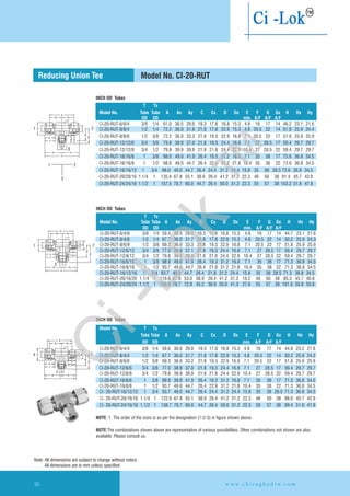 H
Hx Hy
F
G
T
E
Tx
Gx
Hy
Ay
Dx
CxD
C
Tx
Ay
A
Ax
33
11 22
H
Hx Hx
F
1
G
T
E
Hy
Ay
D
C
Dx
Cx
Tx
Gx
3
2
21
3
Ax Ax
A
T
21
3
H
Hx Hy
F
G
T
E
Tx
Gx
Dx
Cx
Hx
Ax
AyAx
A
T
C
D
INCH OD Tubes
INCH OD Tubes
NOTE: 1. The order of the sizes is as per the designation (1-2-3) in figure shown above.
NOTE:The combinations shown above are representative of various possibilities. Other combinations not shown are also
available. Please consult us.
Reducing Union Tee
INCH OD Tubes
Model No. CI-20-RUT
` CI-20-RUT-6/6/4 3/8 1/4 61.0 30.5 29.0 19.3 17.8 16.8 15.3 4.8 16 17 14 46.2 23.1 21.6
CI-20-RUT-8/8/4 1/2 1/4 72.2 36.0 31.8 21.8 17.8 22.9 15.3 4.8 20.5 22 14 51.8 25.9 24.4
CI-20-RUT-8/8/6 1/2 3/8 72.2 36.0 33.3 21.8 19.3 22.9 16.8 7.1 20.5 22 17 51.8 25.9 25.9
CI-20-RUT-12/12/6 3/4 3/8 79.8 39.9 37.0 21.8 19.3 24.4 16.8 7.1 27 28.5 17 59.4 29.7 29.7
CI-20-RUT-12/12/8 3/4 1/2 79.8 39.9 39.9 21.8 21.8 24.4 22.9 10.4 27 28.5 22 59.4 29.7 29.7
CI-20-RUT-16/16/6 1 3/8 98.0 49.0 41.9 26.4 19.3 31.2 16.8 7.1 35 38 17 73.6 36.8 34.5
CI-20-RUT-16/16/8 1 1/2 98.0 49.0 44.7 26.4 22.9 31.2 21.8 10.4 35 38 22 73.6 36.8 34.5
CI-20-RUT-16/16/12 1 3/4 98.0 49.0 44.7 26.4 24.4 31.2 24.4 15.8 35 38 28.5 73.6 36.8 34.5
CI-20-RUT-20/20/16 1.1/4 1 135.6 67.8 55.1 38.9 26.4 41.2 31.2 22.3 46 50 38 91.4 45.7 42.9
CI-20-RUT-24/24/16 1.1/2 1 157.5 78.7 60.0 44.7 26.4 50.0 31.2 22.3 55 57 38 103.2 51.6 47.8
T Tx
Model No. Tube Tube A Ax Ay C Cx D Dx E F G Gx H Hx Hy
OD OD min. A/F A/F A/F
CI-20-RUT-6/4/6 3/8 1/4 59.4 30.5 29.0 19.3 17.8 16.8 15.3 4.8 16 17 14 44.7 23.1 21.6
CI-20-RUT-8/4/8 1/2 1/4 67.7 36.0 31.7 21.8 17.8 22.9 15.3 4.8 20.5 22 14 50.2 25.9 24.3
CI-20-RUT-8/6/8 1/2 3/8 69.3 36.0 33.3 21.8 19.3 22.9 16.8 7.1 20.5 22 17 51.8 25.9 25.9
CI-20-RUT-12/6/12 3/4 3/8 77.0 39.9 37.1 21.8 19.3 24.4 16.8 7.1 27 28.5 17 59.4 29.7 29.7
CI-20-RUT-12/8/12 3/4 1/2 79.8 39.9 39.9 21.8 21.8 24.4 22.9 10.4 27 28.5 22 59.4 29.7 29.7
CI-20-RUT-16/6/16 1 3/8 98.9 49.0 41.9 26.4 19.3 31.2 16.8 7.1 35 38 17 71.3 36.8 34.5
CI-20-RUT-16/8/16 1 1/2 93.7 49.0 44.7 26.4 21.8 31.2 21.8 10.4 35 38 22 71.3 36.8 34.5
CI-20-RUT-16/12/16 1 3/4 93.7 49.0 44.7 26.4 21.8 31.2 24.4 15.8 35 38 28.5 71.3 36.8 34.5
CI-20-RUT-20/16/20 1.1/4 1 119.6 67.8 53.0 38.9 26.4 41.2 31.2 18.2 46 50 38 85.3 45.7 40.8
CI-20-RUT-24/20/24 1.1/2 1 150.9 78.7 72.9 45.2 38.9 50.0 41.3 27.6 55 57 38 101.6 50.8 50.8
T Tx
Model No. Tube Tube A Ax Ay C Cx D Dx E F G Gx H Hx Hy
OD OD min. A/F A/F A/F
CI-20-RUT-6/4/4 3/8 1/4 59.6 30.6 29.0 19.3 17.8 16.8 15.3 4.8 16 17 14 44.8 23.2 21.6
CI-20-RUT-8/4/4 1/2 1/4 67.7 36.0 31.7 21.8 17.8 22.9 15.3 4.8 20.5 22 14 50.2 25.9 24.3
CI-20-RUT-8/6/6 1/2 3/8 69.3 36.0 33.2 21.8 19.3 22.9 16.8 7.1 20.5 22 17 51.8 25.9 25.9
CI-20-RUT-12/6/6 3/4 3/8 77.0 38.9 37.0 21.8 19.3 24.4 16.8 7.1 27 28.5 17 59.4 29.7 29.7
CI-20-RUT-12/8/8 3/4 1/2 79.8 39.9 39.9 21.8 21.8 24.4 22.9 10.4 27 28.5 22 59.4 29.7 29.7
CI-20-RUT-16/6/6 1 3/8 99.9 39.9 41.9 26.4 19.3 31.2 16.8 7.1 35 38 17 71.3 36.8 34.5
CI-20-RUT-16/8/8 1 1/2 93.7 49.0 44.7 26.4 22.9 31.2 21.8 10.4 35 38 22 71.3 36.8 34.5
CI- 20-RUT-16/12/12 1 3/4 93.7 49.0 44.7 26.4 24.4 31.2 24.4 15.8 35 38 28.5 71.3 36.8 34.5
CI- 20-RUT-20/16/16 1.1/4 1 122.9 67.8 55.1 38.9 26.4 41.2 31.2 22.3 46 50 38 88.6 45.7 42.9
CI- 20-RUT-24/16/16 1.1/2 1 138.7 78.7 60.0 44.7 26.4 50.0 31.2 22.3 50 57 38 99.4 51.6 47.8
Model No.
Tube Tube A Ax Ay C Cx D Dx E F G Gx H Hx Hy
OD OD min. A/F A/F A/F
T Tx
w w w . c h i r a g h y d r o . c o m30
Note: All dimensions are subject to change without notice
All dimensions are in mm unless specified
Ci-Lok
™
 