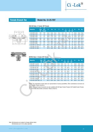 T P
Model No. Tube NPT A Ax B C D E F G H Hx Hy
OD Female min. A/F A/FH
Hx Hx
F
G
T
E
D
C
B
Hy
P
A
Ax Ax
T INCH OD Tubes X Female NPT Threads
NOTE: The combinations shown above are representative of various possibilities. Other combinations not shown are
also available. Please consult us.
NOTE : Bulkhead Female Connectors are also available with ISO Taper Female Threads, ISO Parallel Female Threads
and ISO Female Marcometer connection. Please consult us.
Female Branch Tee
METRIC Tubes X Female NPT Threads
T P
Model No. Tube NPT A Ax B C D E F G H Hx Hy
OD Female min. A/F A/F
Model No. CI-25-FBT
1/8 1/8 49.2 24.6 10.4 15.3 12.7 2.4 14 11 36.0 18.0 19.0
CI-25-FBT-4-2N 1/4 1/8 53.8 26.9 10.4 17.8 15.3 4.8 14 14 39.2 19.6 19.0
CI-25-FBT-4-2N 1/4 1/4 59.4 27.9 15.0 17.8 15.3 4.8 20.5 14 44.8 22.4 22.4
CI-25-FBT-6-4N 3/8 1/4 62.4 31.2 15.0 19.3 16.8 7.1 20.5 16 47.8 23.9 22.4
CI-25-FBT-6-6N 3/8 3/8 66.6 33.3 15.0 19.3 16.8 7.1 22 16 51.8 25.9 22.4
CI-25-FBT-8-6N 1/2 3/8 72.0 36.0 15.0 21.8 22.9 10.4 22 19 51.8 25.9 22.4
CI-25-FBT-8-8N 1/2 1/2 77.8 38.9 19.8 21.8 22.9 10.4 25 27 57.4 28.7 28.5
CI-25-FBT-12-12N 3/4 3/4 89.4 44.7 20.6 21.8 24.4 15.8 35 22 69.2 34.6 31.8
CI-25-FBT-16-12N 1 3/4 98.0 49.0 20.6 26.4 31.2 22.3 35 25 73.6 36.8 31.8
CI-25-FBT-16-16N 1 1 107.2 53.6 25.4 26.4 31.2 22.3 41 38 82.8 41.4 38.1
CI-25-FBT-2-2N
3m-2N 3 1/8 49.2 24.6 10.4 15.3 12.9 2.4 14 11 36.0 18.0 19.0
CI-25-FBT- 6 1/8 54.0 27.0 10.4 17.7 15.3 4.8 14 14 39.2 19.6 19.0
CI-25-FBT-6m-4N 6 1/4 59.6 29.8 15.0 17.7 15.3 4.8 20.5 14 44.8 22.4 22.4
CI-25-FBT-8m-2N 8 1/8 59.8 29.9 10.4 18.6 16.2 6.3 16 16 44.8 22.4 19.0
CI-25-FBT-8m-4N 8 1/4 61.2 30.6 15.0 18.6 16.2 6.3 20.5 16 46.2 23.1 22.4
CI-25-FBT-10m-4N 10 1/4 67.0 33.5 15.0 19.5 17.2 7.9 20.5 19 51.8 25.9 22.4
CI-25-FBT-12m-6N 12 3/8 72.0 36.0 15.0 22.0 22.8 9.5 22 22 51.8 25.9 22.4
CI-25-FBT-12m-8N 12 1/2 77.6 38.8 19.8 22.0 22.8 9.5 25 22 57.4 28.7 28.5
CI-25-FBT-16m-8N 16 1/2 79.0 39.5 19.8 22.0 24.4 12.7 25 25 59.4 29.7 28.5
CI-25-FBT-25m-16N 25 1 107.2 53.6 25.4 26.5 31.3 22.3 41 38 82.8 41.4 38.1
CI-25-FBT-
6m-2N
w w w . c h i r a g h y d r o . c o m 35
Note: All dimensions are subject to change without notice
All dimensions are in mm unless specified
Ci-Lok
™
 