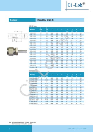 METRIC OD Tubes
Reducer Model No. CI-26-R
Note: All dimensions are subject to change without notice
All dimensions are in mm unless specified
w w w . c h i r a g h y d r o . c o m36
INCH OD Tubes
T
Model No. Tube Tube A C D E F G H
OD OD min. A/F A/F
Tx
CI-26-R-2-2 1/8 1/8 33.5 15.3 12.7 2.0 11 11 26.9
CI-26-R-2-4 1/8 1/4 36.1 15.3 12.7 2.3 11 11 29.5
CI-26-R-2-6 1/8 3/8 37.6 15.3 12.7 2.3 11 11 31.0
CI-26-R-2-8 1/8 1/2 44.2 15.3 12.7 2.3 14 11 37.6
CI-26-R-4-2 1/4 1/8 36.8 17.8 15.3 2 12.7 14 29.5
CI-26-R-4-4 1/4 1/4 39.1 17.8 15.3 4.8 12.7 14 31.8
CI-26-R-4-6 1/4 3/8 40.6 17.8 15.3 4.8 12.7 14 33.3
CI-26-R-4-8 1/4 1/2 46.2 17.8 15.3 4.8 14 14 38.9
CI-26-R-4-12 1/4 3/4 47.8 17.8 15.3 4.8 20.5 14 40.4
CI-26-R-6-4 3/8 1/4 41.4 19.3 16.8 4.8 16 17 34.0
CI-26-R-6-6 3/8 3/8 43.2 19.3 16.8 7.0 16 17 35.8
CI-26-R-6-8 3/8 1/2 48.5 19.3 16.8 7.0 16 17 41.1
CI-26-R-6-12 3/8 3/4 50.3 19.3 16.8 7.0 16 17 42.9
CI-26-R-8-4 1/2 1/4 45.0 21.8 22.9 4.8 20.5 22 34.8
CI-26-R-8-6 1/2 3/8 46.7 21.8 22.9 7.0 20.5 22 36.6
CI-26-R-8-8 1/2 1/2 52.3 21.8 22.9 10.0 20.5 22 42.2
CI-26-R-8-12 1/2 3/4 53.8 21.8 22.9 10.0 22 22 43.7
CI-26-R-8-16 1/2 1 60.2 21.8 22.9 10.0 27 22 50.0
CI-26-R-12-8 3/4 1/2 54.6 21.8 24.4 10.0 27 28 44.5
CI-26-R-12-16 3/4 1 62.5 21.8 24.4 16.0 27 28 52.3
T
Model No. Tube Tube A C D E F G H
OD OD min. A/F A/F
Tx
CI-26-R-3m-3.2 3 3.2 33.5 15.3 12.7 2 11.0 11 26.9
CI-26-R-3m-6.35 3 6.35 36.1 15.3 12.7 2.2 12.7 11 29.5
CI-26-R-6m-3.2 6 3.2 36.9 17.8 15.3 2.2 12.7 14 29.5
CI-26-R-6m-6.35 6 6.35 39.9 17.8 15.3 4.8 12.7 14 32.5
CI-26-R-6m-9.52 6 9.52 40.7 17.8 15.3 4.8 12.7 14 33.3
CI-26-R-6m-12.7 6 12.7 46.3 17.8 15.3 4.8 14.0 14 38.9
CI-26-R-8m-9.52 8 9.52 42.0 19.3 16.8 6.4 15.0 16 34.5
CI-26-R-8m-12.7 8 12.7 47.6 19.3 16.8 6.4 15.0 16 40.1
CI-26-R-10m-9.52 10 9.52 44.2 19.3 16.8 6.9 18.0 17 36.6
CI-26-R-10m-12.7 10 12.7 49.8 19.3 16.8 7.9 18.0 17 42.2
CI-26-R-12m-12.7 12 12.7 52.3 21.8 22.9 9.4 20.5 22 42.2
CI-26-R-12m-19.05 12 19.05 53.8 21.8 22.9 9.5 22.0 22 43.7
18 19.05 56.1 21.8 24.4 15.1 27.0 28 46.0
18 25.4 62.4 21.8 24.4 15.1 27.0 28 52.3
CI-26-R-18m-19.05
CI-26-R-18m-25.4
CI-26-R-25m-25.4 25 25.4 69.4 26.5 31.3 20.2 36.0 38 57.2
Ci-Lok
™
 