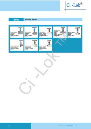 ™
Needle ValvesIndex
NEEDLE VALVES
SCREWED
BONNET
(MALE X FEMALE)
Page-40 Page-43Page-41 Page-42
NEEDLE VALVES
SCREWED
BONNET
DOUBLE
FERRULE TUBE ENDS
(TUBE X TUBE)
NEEDLE VALVES
SCREWED
BONNET
(FEMALE X FEMALE)
NEEDLE VALVES
SCREWED
BONNET
(FEMALE X FEMALE)
PANEL MOUNT
NEEDLE VALVES
SCREWED ENDS
(FEMALE X FEMALE)
Page-44
NEEDLE VALVES
SINGLE BONNET
(FEMALE X FEMALE)
Page-45 Page-46 Page-47
ANGLE NEEDLE VALVE
SCREWED BONNET
(FEMALE X FEMALE)
NEEDLE VALVES
SINGLE BONNET
(MALE X FEMALE)
NEEDLE VALVES
SCREWED
BONNET
(MALE X MALE)
w w w . c h i r a g h y d r o . c o m38
Ci-Lok
™
 