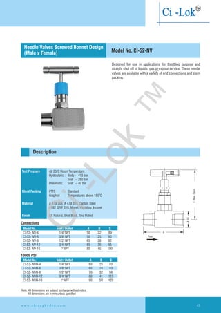 Designed for use in applications for throttling purpose and
straight shut off of liquids, gas or vapour service. These needle
valves are available with a variety of end connections and stem
packing.
Flow
A
BSQ
C(Max.Open)
Test Pressure
Gland Packing
Material
Finish
@ 25°C Room Temperature
Hydrostatic : Body - 415 bar
Seat - 280 bar
Pneumatic : Seat - 40 bar
PTFE : Standard
Graphoil : Temperatures above 180 C
A 479 304, A 479 316, Carbon Steel
A182 GR F 316, Monel, Hastelloy,
SS Natural, Shot Blast, Zinc Plated
O
Inconel
Connections
Description
10000 PSI
Needle Valves Screwed Bonnet Design
(Male x Female) Model No. CI-52-NV
ModelNo. InletxOutlet A B C
CI-52- 89
CI-52- 3/8"NPT 50 25 90
CI-52- 1/2"NPT 65 28 92
CI-52- 3/4"NPT 65 36 95
CI-52- 1"NPT 80 45 100
NV-4
NV-6
NV-8
NV-12
NV-16
1/4"NPT 50 22
ModelNo. Inletx Outlet A B C
CI-52-
CI-52- 3/8"NPT 60 28 93
CI-52- 1/2"NPT 70 32 98
CI-52- 3/4"NPT 80 41 115
CI-52- 1"NPT 90 50 120
NVH-4
NVH-6
NVH-8
NVH-12
NVH-16
1/4"NPT 60 25 93
™
Note: All dimensions are subject to change without notice
All dimensions are in mm unless specified
w w w . c h i r a g h y d r o . c o m 43
Ci-Lok
™
 