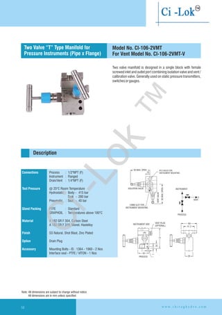 Two valve manifold is designed in a single block with female
screwed inlet and outlet port combining isolation valve and vent /
calibration valve. Generally used on static pressure transmitters,
switchesorgauges.
Connections
Test Pressure
Gland Packing
Material
Finish
Option
Accessory
Process : 1/2"NPT (F)
Instrument : Flanged
Drain/Vent : 1/4"NPT (F)
@ 25°C Room Temperature
Hydrostatic : Body - 415 bar
Seat - 280 bar
Pneumatic : Seat - 40 bar
PTFE : Standard
GRAPHOIL : Temperatures above 180°C
A 182 GR F 304, Carbon Steel
A 182 GR F 316, Monel, Hastelloy
SS Natural, Shot Blast, Zinc Plated
Drain Plug
Mounting Bolts - IS : 1364 - 1960 - 2 Nos
Interface seal - PTFE / VITON - 1 Nos
93 MAX. OPEN
16
ISOLATION VALVE
12MM SLOT FOR
INSTRUMENT MOUNTING
92MAX.OPEN
VENTVALVE
Ø12 HOLES FOR
INSTRUMENT MOUNTING
INSTRUMENT
VENT
PROCESS
INSTRUMENT SIDE
VENT PLUG
(OPTIONAL)
PROCESS
20
7
43
7
28
60
41.3
77
Description
Two Valve “T” Type Manifold for
Pressure Instruments (Pipe x Flange)
Model No. CI-106-2VMT
For Vent Model No. CI-106-2VMT-V
Note: All dimensions are subject to change without notice
All dimensions are in mm unless specified
w w w . c h i r a g h y d r o . c o m58
Ci-Lok
™
 