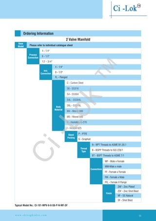 Ordering Information
2 Valve Manifold
C - Carbon Steel
S6 - SS316
S4 - SS304
S4L - SS304L
S6L - SS316L
M4 - Monel 400
M5 - Monel 500
H - Hastelloy C-276
I - Inconel 625
P - PTFE
G - Graphoil
N - NPT Threads to ASME B1.20.1
B - BSPP Threads to ISO 228/1
BT - BSPT Threads to ASME 7/1
ZNF - Zinc Plated
ZSF - Zinc Shot Blast
NF - SS Natural
SF - Shot Blast
Typical Model No.: CI-101-MPV-8-8-S6-P-N-MF-SF
Base
Model
Body
Material
Thread
Type
Gland
Packing
Connections
Finish
12 - 3/4"
4 - 1/4"
8 - 1/2"
Process
Connection
4 - 1/4"
8 - 1/2"
FL - Flanged
Inst.
Connection
MF - Male x Female
MM-Male x male
FF - Female x Female
FFL - Female X Flange
FM - Female x Male
Please refer to individual catalogue sheet
w w w . c h i r a g h y d r o . c o m 59
Ci-Lok
™
 