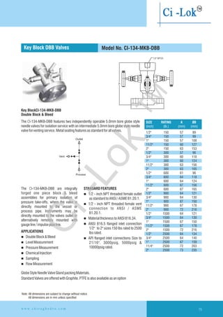 Key BlockCI-134-MKB-DBB
Double Block & Bleed
The CI-134-MKB-DBB features two independently operable 5.0mm bore globe style
needle valves for isolation service with an intermediate 5.0mm bore globe style needle
valveforventingservice. Metalseatingfeaturesasstandardforallvalves.
n DoubleBlock&Bleed
n LevelMeasurement
n PressureMeasurement
n ChemicalInjection
n Sampling
n FlowMeasurement
The CI-134-MKB-DBB are integrally
forged one piece block & bleed
assemblies for primary isolation of
pressure take-offs, where the valve is
directly mounted to the vessel or
process pipe. Instruments may be
directly mounted to the valves outlet or
alternatively remotely mounted with
gaugeline/impulsepipeline.
APPLICATIONS
STANDARDFEATURES
n 1/2 - inch NPT threaded female outlet
asstandardtoANSI/ASMEB1.20.1.
n 1/2 - inch NPT threaded female vent
connection to ANSI / ASME
B1.20.1.
n MaterialthicknesstoANSIB16.34.
n ANSI B16.5 flanged inlet connection
1/2" to 2" sizes 150 lbs rated to 2500
lbsrated.
n API flanged inlet connections Size to
21/16". 3000psig, 5000psig &
10000psigrated.
GlobeStyleNeedleValveGlandpackingMaterials.
StandardValvesareofferedwithGraphite.PTFEisalsoavailableasanoption
Model No. CI-134-MKB-DBB
SIZE RATING A ØB
(inch) (Ib.) (mm) (mm)
1/2" 150 57 89
3/4" 150 57 99
1" 150 57 108
11/2" 150 60 127
2" 150 63 153
1/2" 300 57 96
3/4" 300 60 118
1" 300 60 124
11/2" 300 63 156
2" 300 63 165
1/2" 600 61 96
3/4" 600 64 118
1" 600 64 124
11/2" 600 67 156
2" 600 67 165
1/2" 900 64 121
3/4" 900 64 130
1" 900 67 150
11/2" 900 67 178
2" 900 72 216
1/2" 1500 64 121
3/4" 1500 64 130
1" 1500 67 150
11/2" 1500 67 178
2" 1500 72 216
1/2" 2500 64 134
3/4" 2500 64 140
1" 2500 67 159
11/4" 2500 72 203
2" 2500 73 235
Key Block DBB Valves
w w w . c h i r a g h y d r o . c o m 79
Note: All dimensions are subject to change without notice
All dimensions are in mm unless specified
1/2" NPT(F)
“B”
“A”
Ci-Lok
™
 