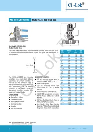 n DoubleBlock&Bleed
n LevelMeasurement
n PressureMeasurement
n ChemicalInjection
n Sampling
n FlowMeasurement
The CI-135-MKB-DBB are integrally
forged one piece double block & bleed,
assemblies for primary isolation of
pressure take-offs, where the valve is
directly mounted to the vessel or process
pipe. Instruments may be directly
mounted to the valves outlet or
alternatively remotely mounted with
gaugeline/impulsepipeline
APPLICATIONS
STANDARDFEATURES
n
n
1/2" NPT threaded female outlet as
standardtoANSI/ASMEB1.20.1.
BoltedOutletOptions
n 1/2" NPT threaded female vent
connection to ANSI / ASME
B1.20.1.
n MaterialthicknesstoANSIB16.34.
n ANSI B16.5 flanged inlet connection
1/2" to 2" sizes 150 lbs rated to 2500
lbsrated.
n Ball Valve Seat Materials. A choice of
PTFEandPEEKareavailable.
n Vent Needle Valve Gland Packing
Materials PTFE is offered as Standard.
Graphiteisalsoavailableasanoption.
Key Block
Double Block & Bleed
The CI-135-MKB-DBB features two independently operable 10mm bore ball valves
for isolation service with an intermediate 5.0mm bore globe style needle valve for
ventingservice.
CI-135-MKB-DBB
Model No. CI-135-MKB-DBB
SIZE RATING A ØB
(inch) (Ib.) (mm) (mm)
1/2" 150 190 89
3/4" 150 190 99
1" 150 180 108
11/2" 150 180 127
2" 150 184 153
1/2" 300 190 96
3/4" 300 190 118
1" 300 182 124
11/2" 300 189 156
2" 300 185 165
1/2" 600 190 96
3/4" 600 190 118
1" 600 182 124
11/2" 600 194 156
2" 600 196 165
1/2" 900 206 121
3/4" 900 206 130
1" 900 192 150
11/2" 900 204 178
2" 900 226 216
1/2" 1500 206 121
3/4" 1500 206 130
1" 1500 192 150
11/2" 1500 204 178
2" 1500 226 216
½" 2500 206 134
3/4" 2500 206 140
1" 2500 206 159
11/2" 2500 216 203
2" 2500 222 235
Key Block DBB Valves
w w w . c h i r a g h y d r o . c o m80
Note: All dimensions are subject to change without notice
All dimensions are in mm unless specified
“A”
“B”
Ci-Lok
™
 