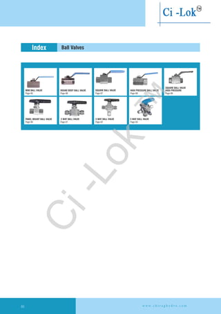 Ball ValvesIndex
ROUND BODY BALL VALVE
Page-85 Page-86 Page-87
MINI BALL VALVE
w w w . c h i r a g h y d r o . c o m86
3 WAY BALL VALVE
Page-92
5 WAY BALL VALVE
Page-93
SQUARE BALL VALVE
Page-89
Page-90
SQUARE BALL VALVE
HIGH PRESSURE
2 WAY BALL VALVE
Page-91
HIGH PRESSURE BALL VALVE
Page-88
PANEL MOUNT BALL VALVE
Ci-Lok
™
 
