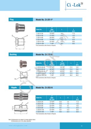 Model No. CI-201-PPlug
P
Model No. Male L F
NPT Size (A/F)
CI-201-P-2N 1/8" NPT 16.0 11.0
CI-201-P-4N 1/4" NPT 21.0 14.0
CI-201-P-6N 3/8" NPT 21.0 19.0
CI-201-P-8N 1/2" NPT 26.0 22.0
CI-201-P-12N 3/4" NPT 27.0 28.0
CI-201-P-16N 1" NPT 36.0 36.0
Model No. CI-202-B
Model No. CI-203-N
P
Model No. Male L E F
NPT Size (A/F)
CI-203-N-2N 1/8" 26.0 4.8 11.0
CI-203-N-4N 1/4" NPT 35.6 7.0 14.0
CI-203-N-6N 3/8" NPT 36.0 9.5 19.0
CI-203-N-8N 1/2" NPT 46.7 11.8 22.0
CI-203-N-12N 3/4" NPT 46.7 15.0 28.0
CI-203-N-16N 1" NPT 58.5 22.0 36.0
NPT
*End Connections other thread on Request.
Bushing
Nipple
*End Connections other thread on Request.
*End Connections other thread on Request.
CHIRAG
CI-201-P
8-S6-N
CHIRAG
CI-201-P
8-S6-N
CHIRAG
CI-203-N
8-S6-N
Note: All dimensions are subject to change without notice
All dimensions are in mm unless specified
P P1
Model No. Male Female L F
NPT Size NPT Size (A/F)
CI-202-B-4N-2N 1/4" NPT 1/8" NPT 21.0 14.0
CI-202-B-6N-4N 3/8" NPT 1/4" NPT 21.0 19.0
CI-202-B-8N-4N 1/2" NPT 3/8”NPT 26.0 22.0
CI-202-B-12N-8N 3/4" NPT 1/2”NPT 27.0 28.0
CI-202-B-16N-12N 1" NPT 3/4" NPT 36.0 36.0
w w w . c h i r a g h y d r o . c o m 99
Ci-Lok
™
 