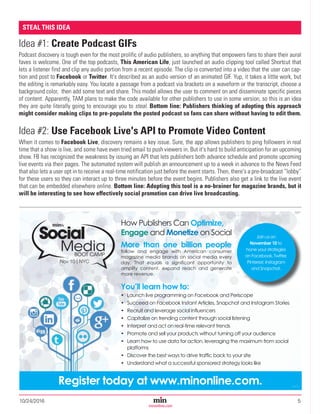 10/24/2016	5Magazine Media’s Most Trusted Source Since 1947
minonline.com
Idea #1: Create Podcast GIFs
Podcast discovery is tough even for the most prolific of audio publishers, so anything that empowers fans to share their aural
faves is welcome. One of the top podcasts, This American Life, just launched an audio clipping tool called Shortcut that
lets a listener find and clip any audio portion from a recent episode. The clip is converted into a video that the user can cap-
tion and post to Facebook or Twitter. It's described as an audio version of an animated GIF. Yup, it takes a little work, but
the editing is remarkably easy. You locate a passage from a podcast via brackets on a waveform or the transcript, choose a
background color, then add some text and share. This model allows the user to comment on and disseminate specific pieces
of content. Apparently, TAM plans to make the code available for other publishers to use in some version, so this is an idea
they are quite literally going to encourage you to steal. Bottom line: Publishers thinking of adopting this approach
might consider making clips to pre-populate the posted podcast so fans can share without having to edit them.
Idea #2: Use Facebook Live's API to Promote Video Content
When it comes to Facebook Live, discovery remains a key issue. Sure, the app allows publishers to ping followers in real
time that a show is live, and some have even tried email to push viewers in. But it's hard to build anticipation for an upcoming
show. FB has recognized the weakness by issuing an API that lets publishers both advance schedule and promote upcoming
live events via their pages. The automated system will publish an announcement up to a week in advance to the News Feed
that also lets a user opt in to receive a real-time notification just before the event starts. Then, there's a pre-broadcast “lobby”
for these users so they can interact up to three minutes before the event begins. Publishers also get a link to the live event
that can be embedded elsewhere online. Bottom line: Adopting this tool is a no-brainer for magazine brands, but it
will be interesting to see how effectively social promotion can drive live broadcasting.
STEAL THIS IDEA
How Publishers Can Optimize,
Engage and Monetize on Social
More than one billion people
follow and engage with American consumer
magazine media brands on social media every
day. That equals a significant opportunity to
amplify content, expand reach and generate
more revenue.
You’ll learn how to:
• Launch live programming on Facebook and Periscope
• Succeed on Facebook Instant Articles, Snapchat and Instagram Stories
• Recruit and leverage social influencers
• Capitalize on trending content through social listening
• Interpret and act on real-time relevant trends
• Promote and sell your products without turning off your audience
• Learn how to use data for action, leveraging the maximum from social
platforms
• Discover the best ways to drive traffic back to your site
• Understand what a successful sponsored strategy looks like
Join us on
November 10 to
hone your strategies
on Facebook, Twitter,
Pinterest, Instagram
and Snapchat.
Register today at www.minonline.com. 28626
28626 min Social Media Bootcamp_7.5x4.75.indd 1 10/18/16 11:28 AM
 