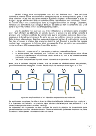 31
Senesol Energy nous accompagnera donc sur ses différents choix. Cette rencontre
confirme le potentiel solaire exceptionnel du Sénégal comparé à d’autres parties du globe. Il faut
alors continuer l’étude pour trouver les meilleurs systèmes adaptés à la localisation et aussi au
budget. L’équipe de la maîtrise d’œuvre commence alors à se constituer avec un nouveau soutien.
Ce nouvel acteur nous accompagnera donc sur l’approvisionnement en énergie. Cependant,
l’énergie sans conteste la plus écologique de toutes est celle que l’on ne consomme pas. C’est
donc ici la priorité avant de penser aux énergies renouvelables.
Une des solutions vues plus haut pour éviter l’utilisation de la climatisation est la circulation
d’air. Pour rafraîchir les bâtiments en période chaude, le principe le plus simple consiste à
pratiquer une ventilation accélérée du bâtiment dès que la température extérieure descend au-
dessous de la température intérieure. On parle alors de surventilation nocturne ou night-cooling.
Cette pratique très ancienne, datant de plusieurs siècles avec les tours à vent iranienne, permet à
l’air frais d’évacuer la chaleur des structures durant la nuit. Pendant la journée, les masses
restituent par rayonnement la fraîcheur ainsi emmagasinée. Pour permettre une surventilation
nocturne efficace, différentes conditions doivent être réunies :
- Un débit d’air compris entre 5 et 10 volumes du bâtiment renouvelé par heure ;
- Un emplacement des ouvertures sur l’extérieurs et des communications entre pièces
conçues pour permettre un maximum de contact entre le flux d’air et les masses inertielles
du bâtiment (voir ci-après) ;
- Des parois lourdes et des espaces de vies non revêtus de parements isolants.
Enfin, plus le bâtiment comporte d’inertie, plus ce système de rafraîchissement est pertinent,
particulièrement dans les régions chaudes à forte amplitude thermique entre le jour et la nuit.
Figure 15 : Représentation du flux d’air selon l’emplacement des ouvertures
La position des ouvertures d’entrée et de sortie détermine l’efficacité du balayage. Les positions 1,
2 et 5 ventilent mal l’espace. Les positions 3 et 4 ventilent mieux l’espace. Les positions 2, 3 et 4
rafraîchissent prioritairement certaines parois [4].
La disposition des logements va donc essayer de suivre ce principe de surventilation pour
permettre la non-utilisation de la climatisation comme le montre les premières esquisses de plans
ci-dessous, effectuées en collaboration avec l’architecte :
 