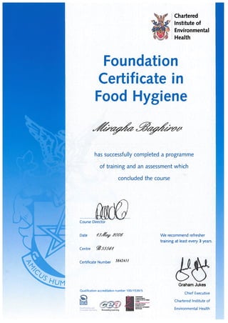 Foundation Certificate in Food Hygiene