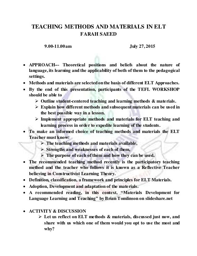 TEACHING METHODS AND MATERIALS IN ELT