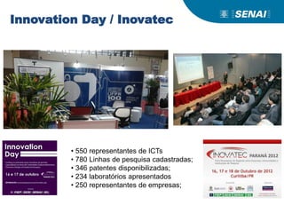 Innovation Day / Inovatec
• 550 representantes de ICTs
• 780 Linhas de pesquisa cadastradas;
• 346 patentes disponibilizadas;
• 234 laboratórios apresentados
• 250 representantes de empresas;
 