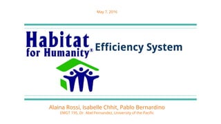 Alaina Rossi, Isabelle Chhit, Pablo Bernardino
EMGT 195, Dr. Abel Fernandez, University of the Pacific
Efficiency System
May 7, 2016
 