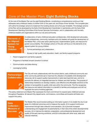 Core of the Master Plan: Eight Building Blocks
At the core of the Master Plan are the eight Building Blocks, constituting a comprehensive continuum that
addresses early childhood needs of children birth to ﬁve years old, and those of their families. The complete plan
will outline the strategic actions to implement the building blocks and a ﬁve-year timetable. The strategic actions
of the Plan will be developed by the Early Child Development Coordinator in partnership with the Early Child
Development Standing Committee of the Human Services Commission, and in collaboration with the early
childhood leaders and organizations within our city and community.
A collaboration of early childhood education professionals, child development advocates,
health professionals, community members and civic leaders will guide the development of
the Master Plan, a ﬁve-year action planning tool, implementation guide, and resource for
greater accountability. The strategic actions of the plan will focus on the elements of an
aligned system for young children:
• Formal partnerships and collaboration
• Access to high quality early education, heath, and family support programs
• Parent engagement and family supports
• Programs to facilitate smooth transition to school
• Communication and data-sharing
• Leveraging funding
The City will work collaboratively with the school district, early childhood community and
other community partners (a) to maximize the utilization of available child development
resources, (b) to support quality improvements in early learning/child care, and (c) to
promote the delivery of integrated services for children and their families. The purpose of
relationships fostered is to develop creative, cost eﬀective and aﬀordable solutions to the
problem of accessibility to quality child care within the community. The City recognizes
that resource and referral information is a beneﬁt to families and employers and will not
duplicate the work of existing agencies.
This policy statement and Master Plan expresses the City’s commitment to expand early childhood services
throughout Pasadena. All relevant City departments, commissions, committees and boards will foster and
support this policy.
The Master Plan recommends building an information system (1) to enable the city to set
goals for childhood outcomes and to measure the results, (2) to support continuous
improvement through data collection and evaluation, (3) to promote increased
understanding and engagement of parents/family in their role of the child’s developmental
success, (4) to improve the retention, preparation, and professional development and
quality of the early learning workforce, and (5) to articulate with other local, state and
national initiatives.
10
Elements of
An Aligned
System for
Young
Children
1
Partnerships/
Collaboration
2
Data
Collection -
Measure of
Success
3
 