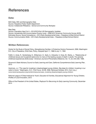 References
Data:
Birth Data, WIC and Demographic Data
Source: Pasadena Public Health Department
Source: Collaborate PASadena – School and Community Workplan
Map Data
Source: Population Age 0 to 5 – 2014/2019 Esri US Demographic Updates
Source: Households with Income below Poverty Level – 2008-2012 American Community Survey (ACS)
Estimates Source: Social Competence – 2014 Early Developmental Index – Pasadena Uniﬁed School District
Source: Communication Skills – 2014 Early Developmental Index – Pasadena Uniﬁed School District
Written References:
Center for the Study of Social Policy, Strengthening Families: A Protective Factors Framework, 2006, Washington
D.C. City of Pasadena, Child Care, Policy, Adopted April 11, 1988 & July 11, 1994
Fellitti, V., Anda, R., Nordenberg, D., Williamson, D., Spitz, A., Edwards, V., Koss, M., Marks, J., “Relationship of
childhood abuse and household dysfunction to many of the leading causes of death in adults: The adverse
childhood experiences (ACE) study.” American Journal of Preventative Medicine, Vol. 14, (4): 245–258. 1998.
Governor’s State Advisory Council on Early Learning and Care, California Comprehensive Early Learning Plan,
2013
Heckman, J.J. “The case for investing in disadvantaged young children. Big ideas for children: Investing in our
nation's future.” Washington, D.C.: First Focus: 49-58. 2008. Retrieved October, 2014, from http://
www.heckmanequation.org/content/resource/case- investing disadvantaged-young-children
National League of Cities Institute for Youth, Education & Families, Educational Alignment for Young Children,
Proﬁles of Local Innovation, 2012
Oﬃce of the President of the United States, Playbook For Becoming An Early Learning Community, December
2014
 